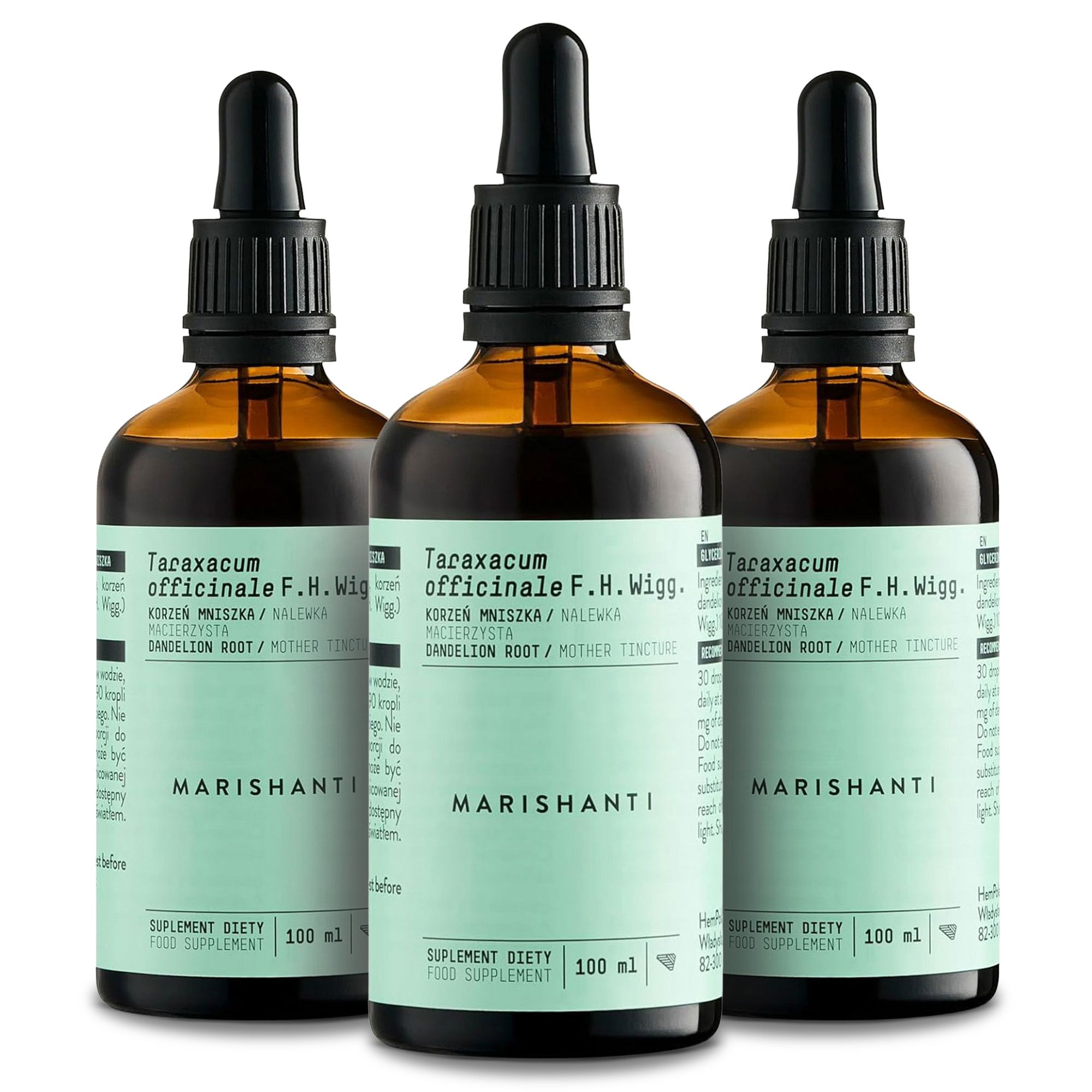 Drei braune Glasflaschen mit Tropfer. Marishanti Löwenzahnwurzel Extrakt. Text: 100 ml. Aufschrift: Taraxacum officinale F.H. Wigg.