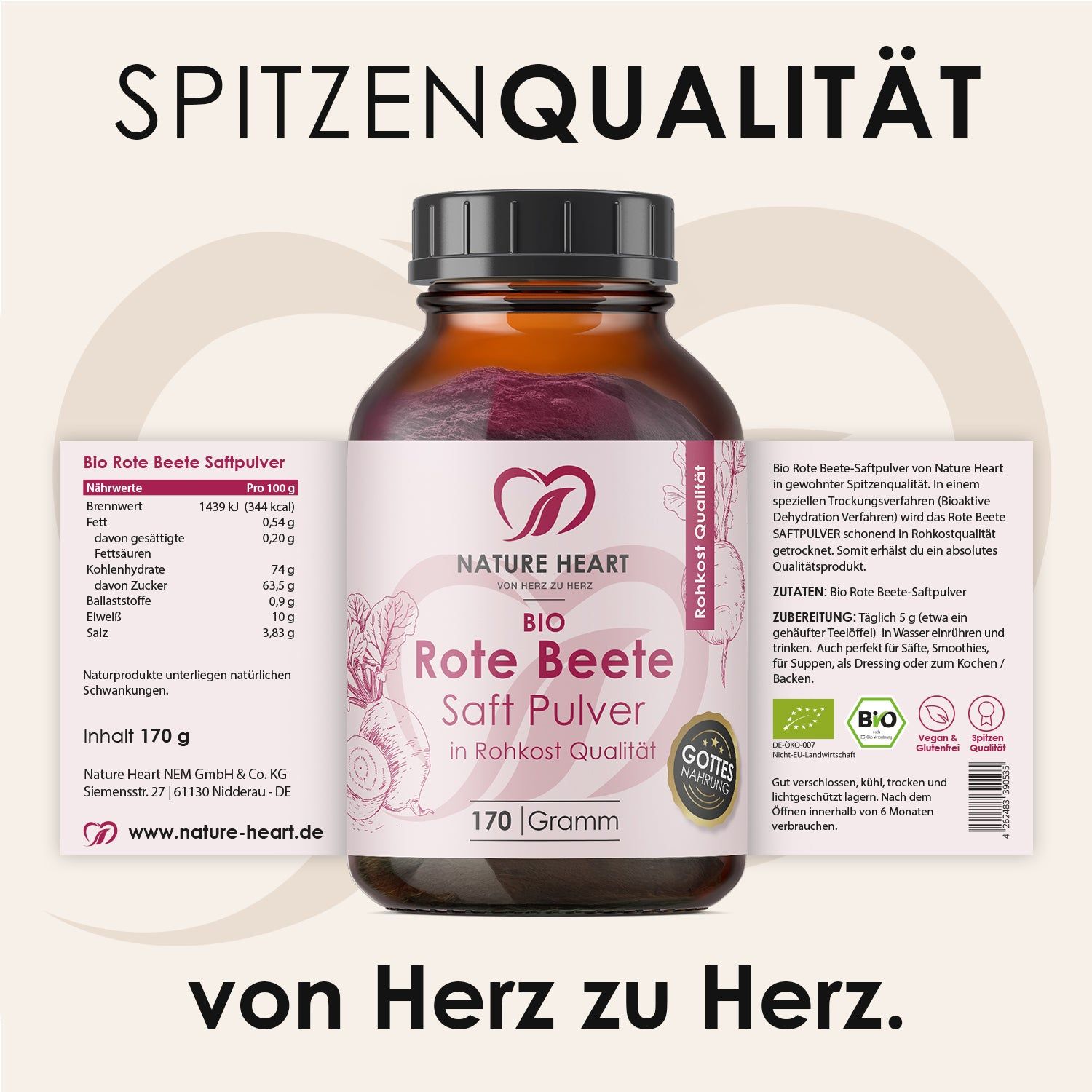 Flasche "Nature Heart BIO Rote Beete Saftpulver" 170g, mit Nährwertangaben und Siegeln.