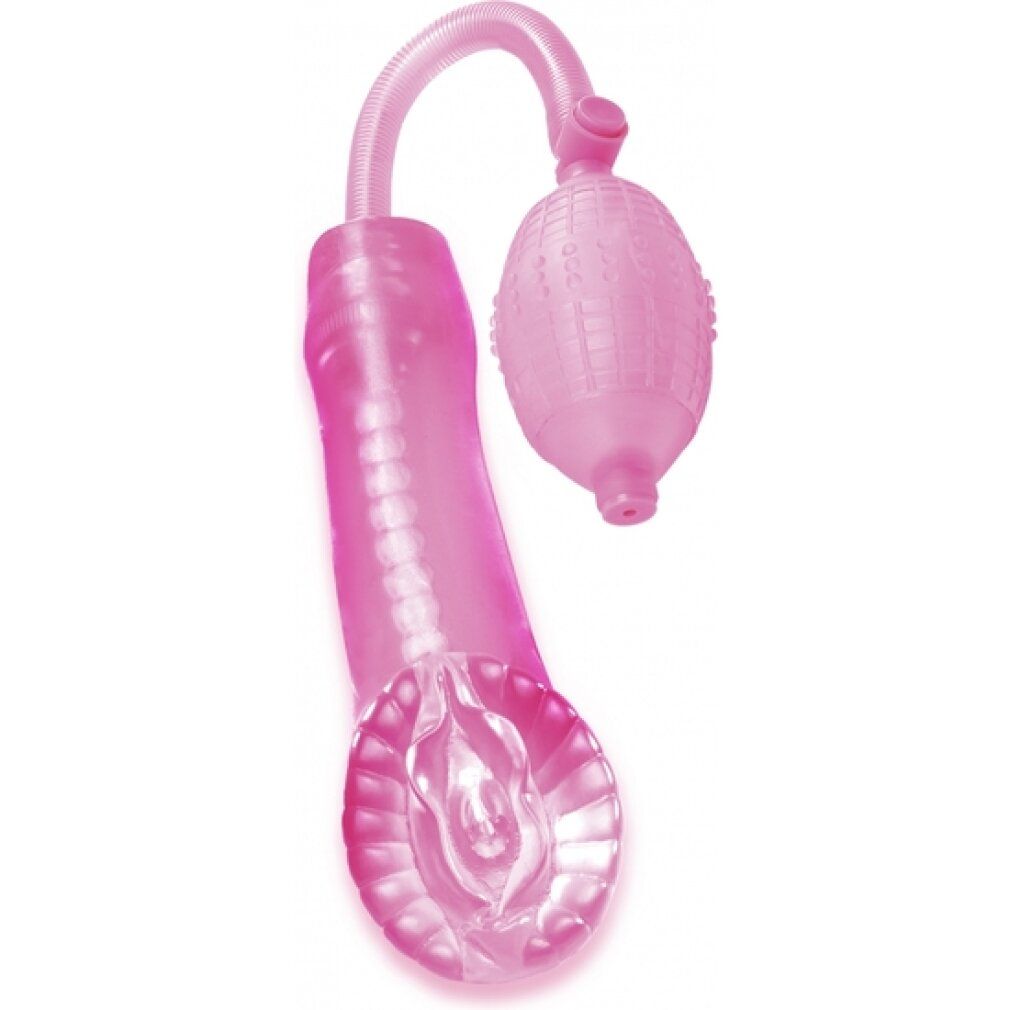 Rosa Penispumpe mit Vagina-Optik, Pumpe und Schlauch. Produktansicht.