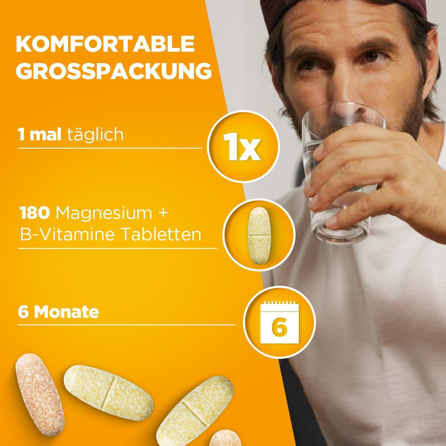 Mann trinkt Wasser. Neben ihm: 1x Symbol, 1 Tablette, 6 Monate Symbol. 180 Magnesium + B-Vitamine Tabletten.