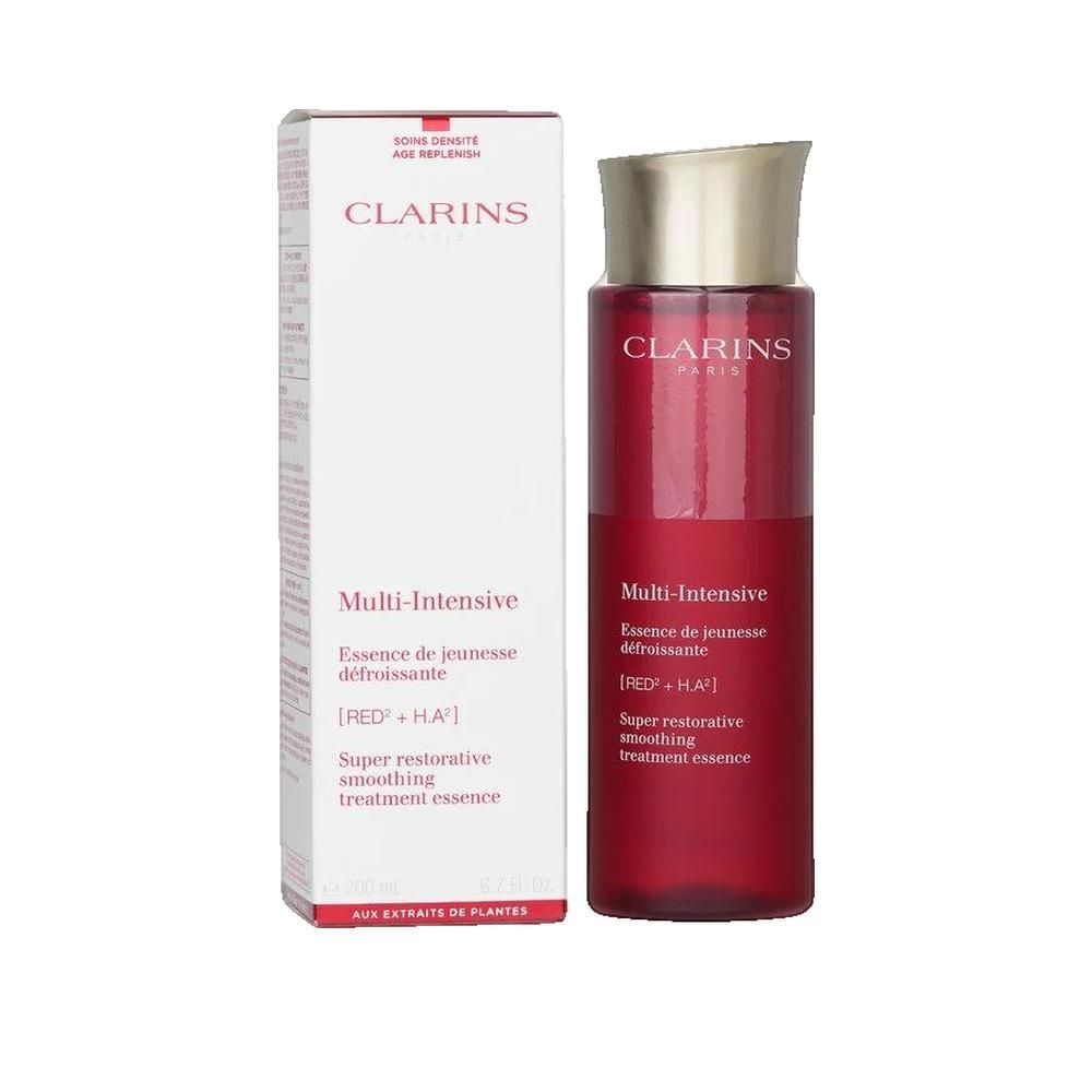 Rote Flasche mit goldfarbenem Deckel. Text: CLARINS PARIS, Multi-Intensive, Essence de jeunesse défroissante.