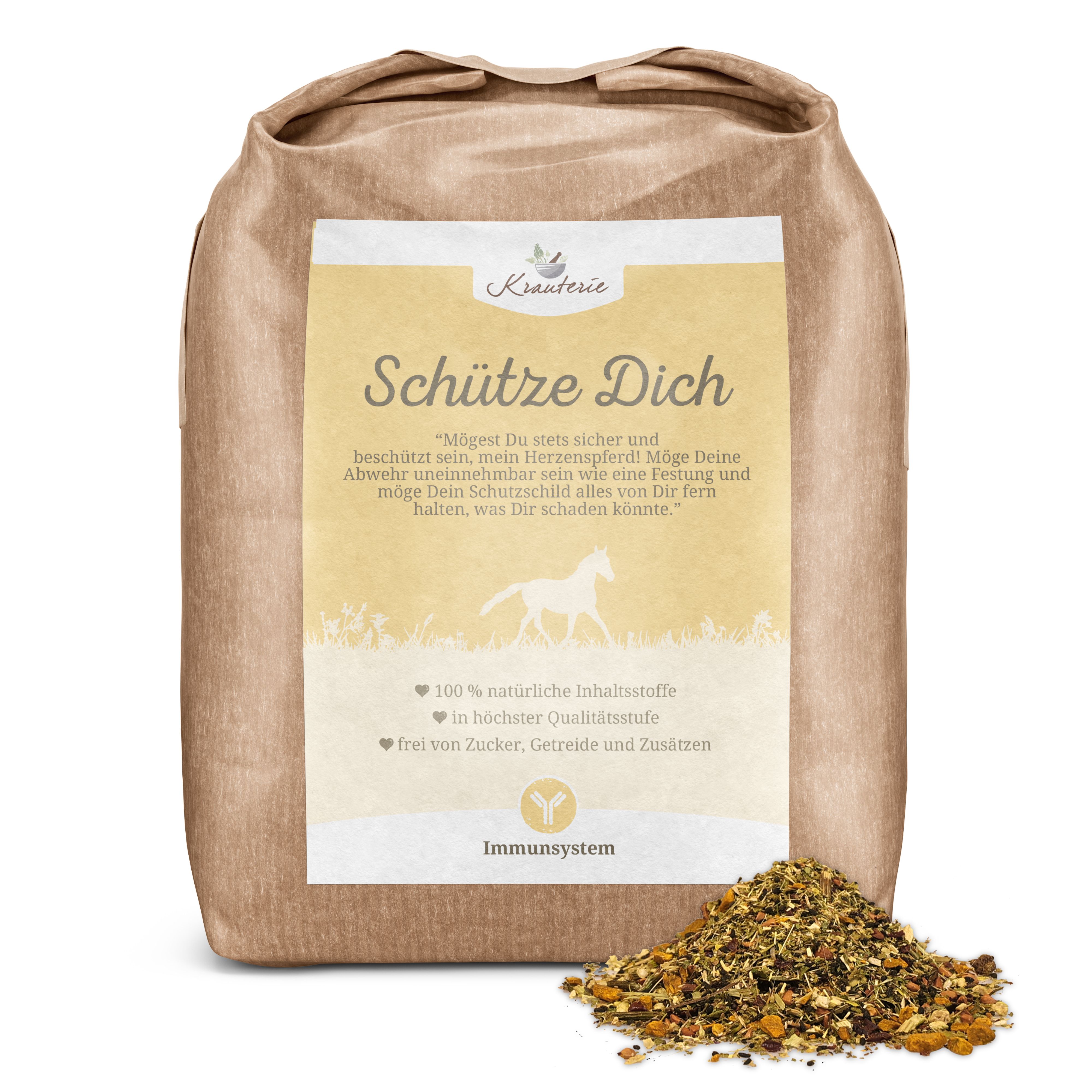 Braune Papiertüte mit Kräutermischung für Pferde, "Schütze Dich" Aufschrift und einem Pferdesilhouette.