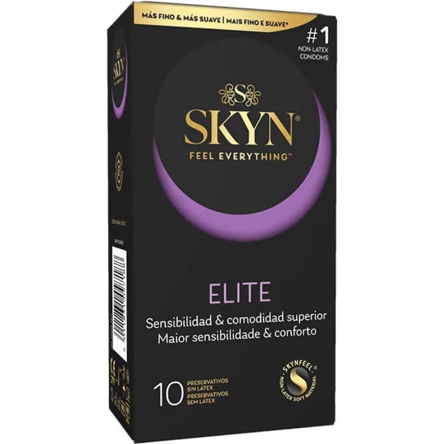 Schwarze Verpackung mit lila Akzent. Produktname: SKYN Elite. Enthält 10 Stück. Text: Präservative ohne Latex. #1 Non-Latex Kondome.