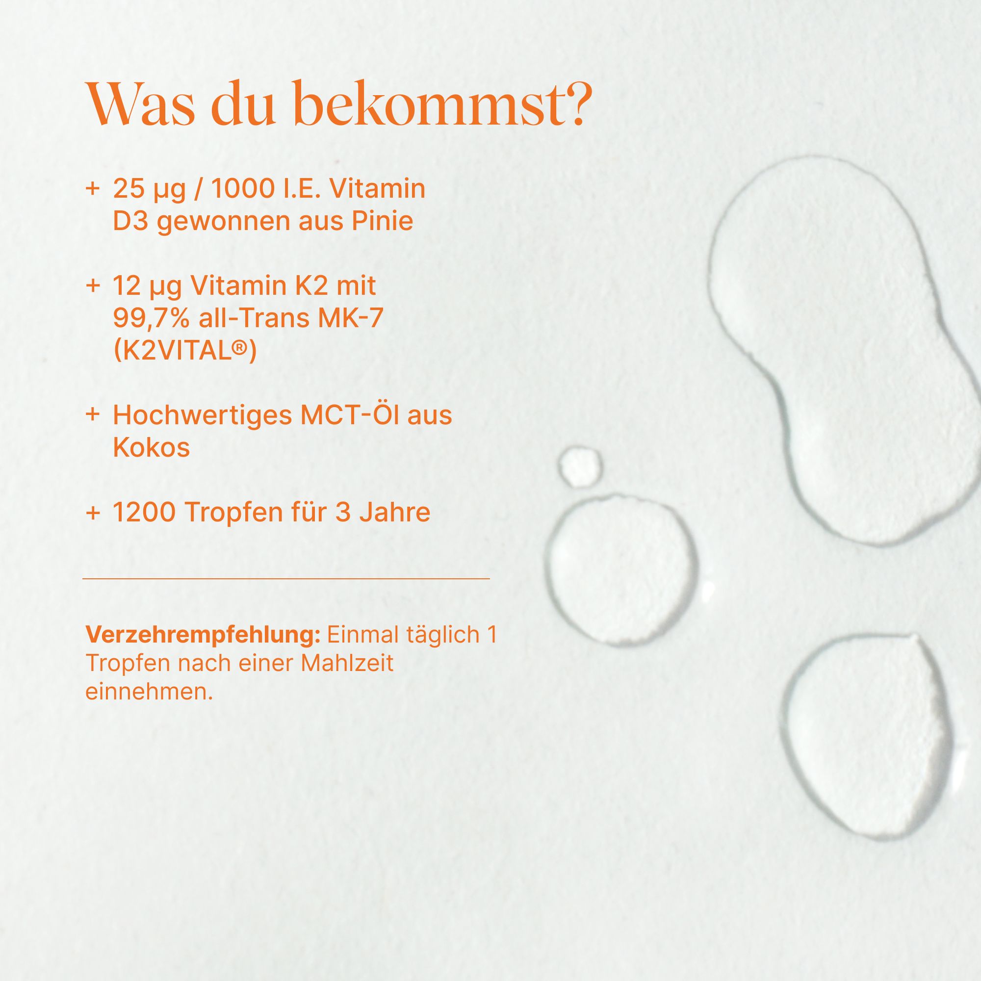 Vetain Vitamin D3/K2 Tropfen: Inhalt, Dosierungsempfehlung und Tropfen auf weißem Grund.