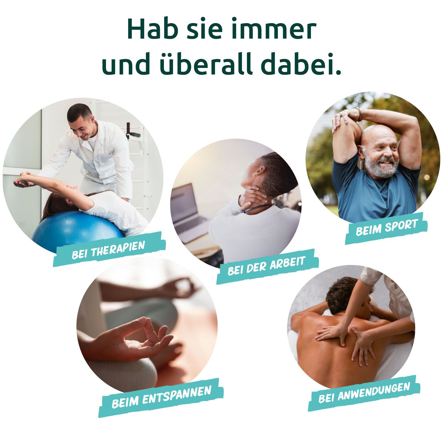 Collage mit Szenen: Therapie, Arbeit, Sport, Entspannung, Anwendungen. Text: Haben Sie immer und überall dabei.