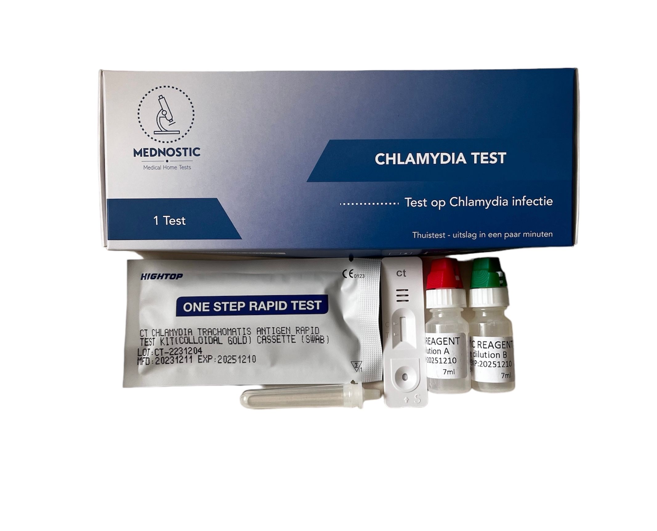 Mednostic Chlamydien Schnelltest-Kit: Verpackung, Testkassette, Tupfer und zwei Reagenzgläser.