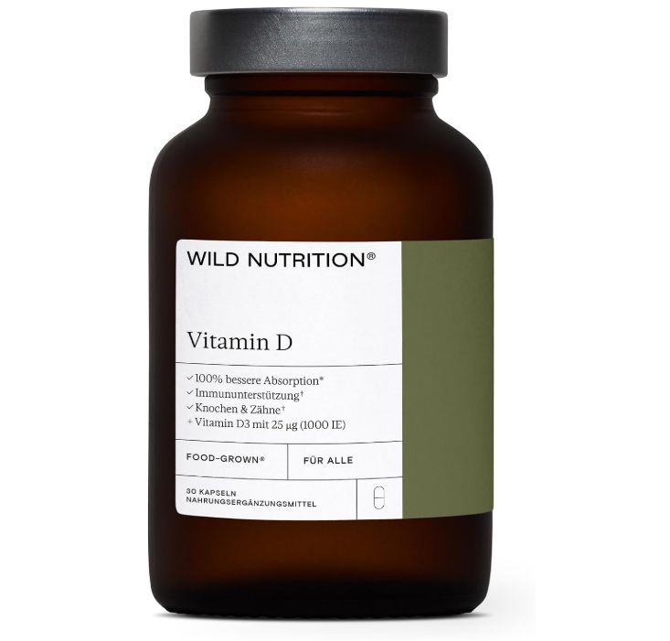 Bernsteinfarbene Glasflasche mit Wild Nutrition Vitamin D Etikett. Enthält 30 Kapseln.