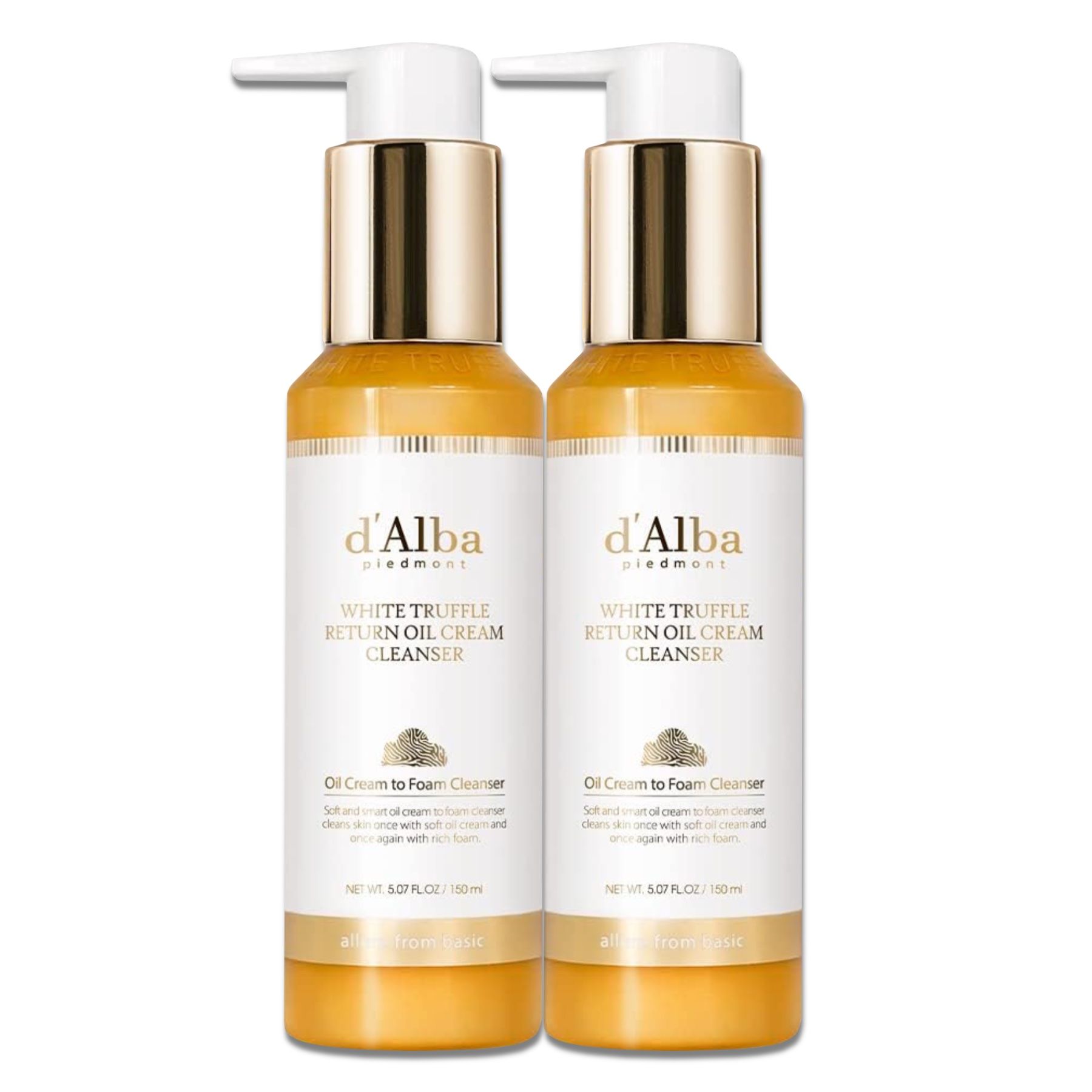 Zwei d'Alba White Trüffle Return Oil Cream Cleanser Flaschen. Goldfarbene Flaschen mit Spender. Text auf Etikett.