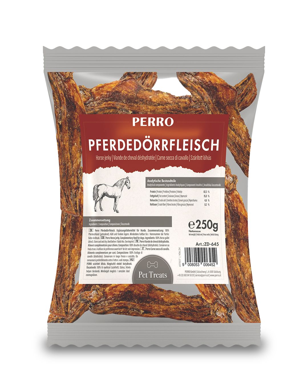 Verpackung mit PERRO Pferdedörrfleisch. Braune, getrocknete Fleischstücke. Aufschrift: Pferdedörrfleisch, e250g. Abbildung eines Pferdes.