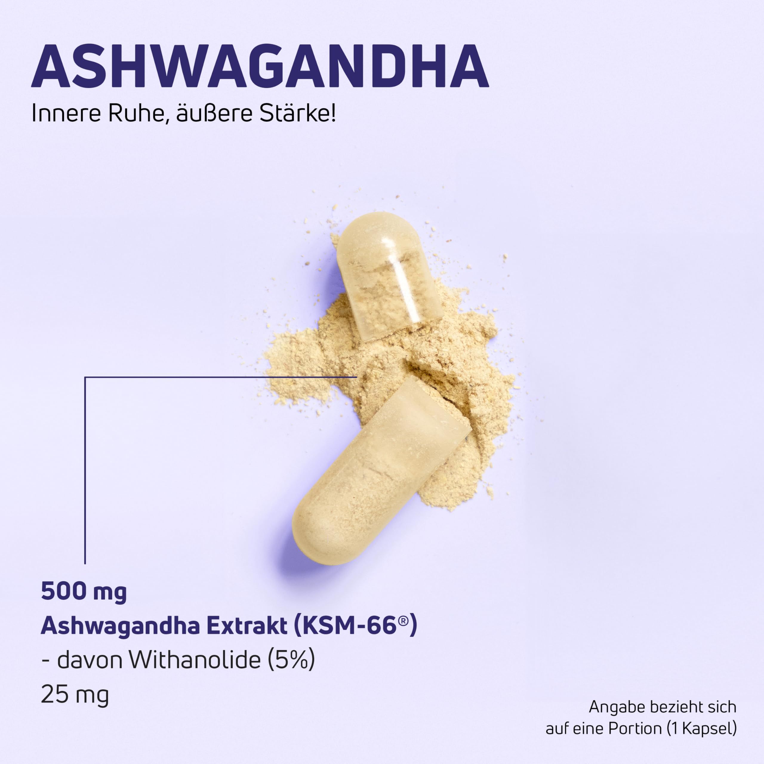 Kapsel mit Inhalt und Pulver. Aufschrift: Ashwagandha Extrakt (KSM-66). Angaben zu Withanolide.