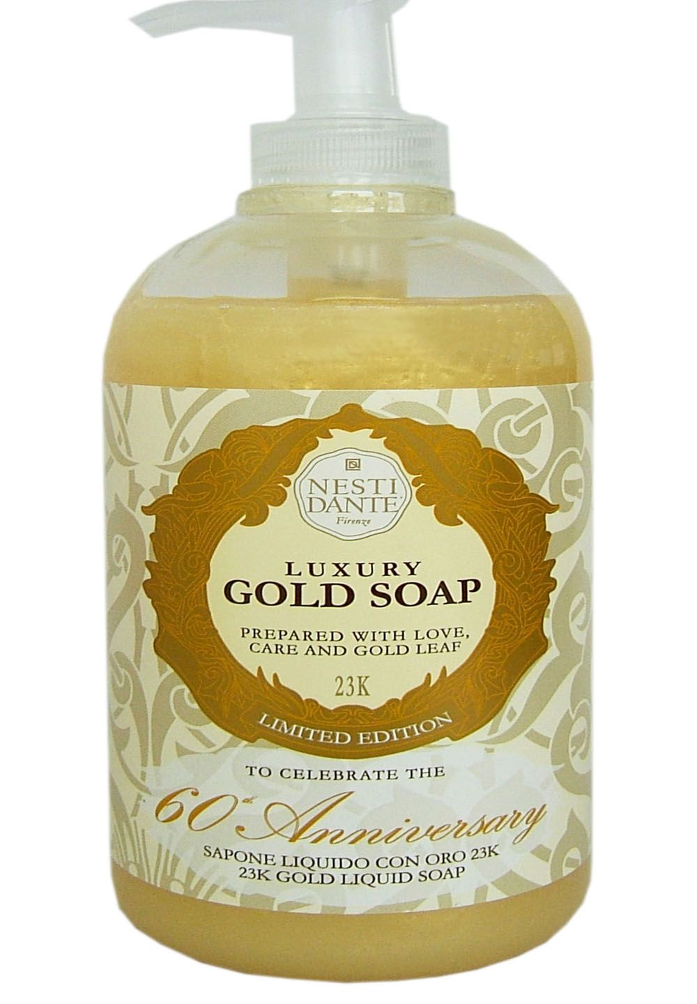 Flüssigseife mit Goldblatt. Goldfarbene Flüssigkeit in einer Flasche mit Spender. Aufschrift: 60. Jubiläum, 23K Gold.