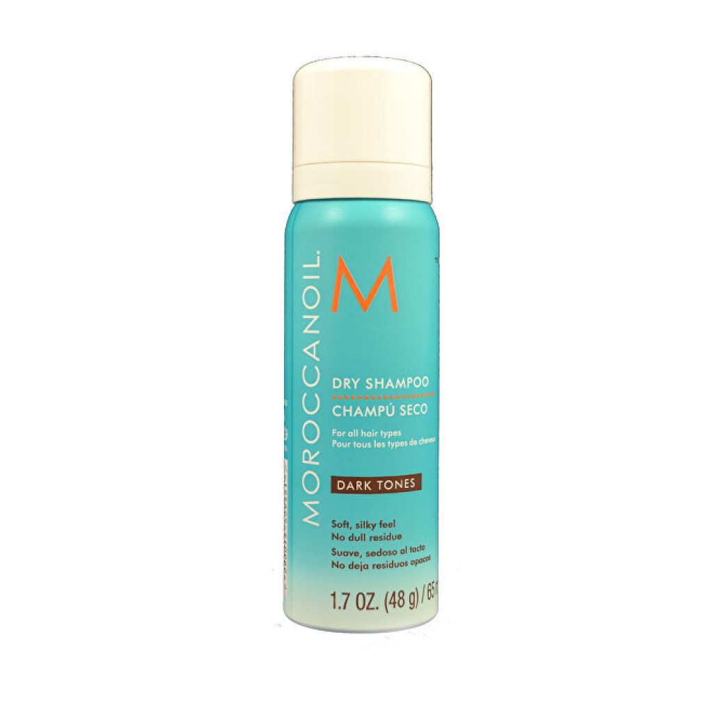 Türkisfarbene Sprühflasche mit cremefarbenem Deckel. Aufschrift: Dry Shampoo, Dark Tones. Marke: Moroccanoil. Inhalt: 1.7 oz (48 g) / 65 ml.