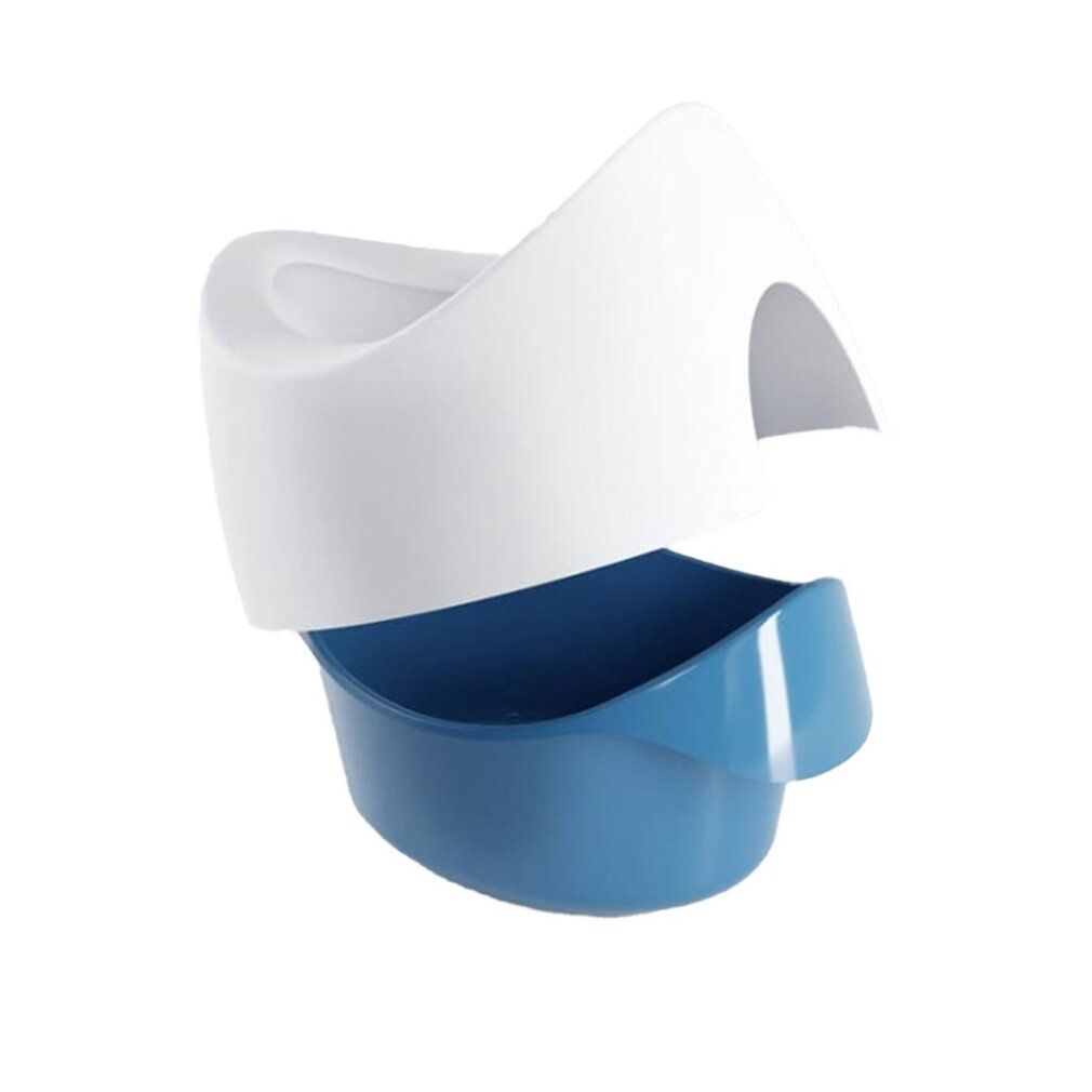 Töpfchen, blau und weiß, in zwei Teile zerlegt. Oberteil weiß, Unterteil blau mit Griff.