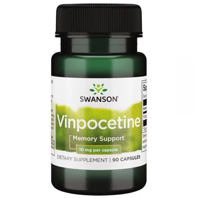 Grüne Flasche mit schwarzem Deckel. Etikett mit "SWANSON Vinpocetine Memory Support". 10 mg pro Kapsel. 90 Kapseln.
