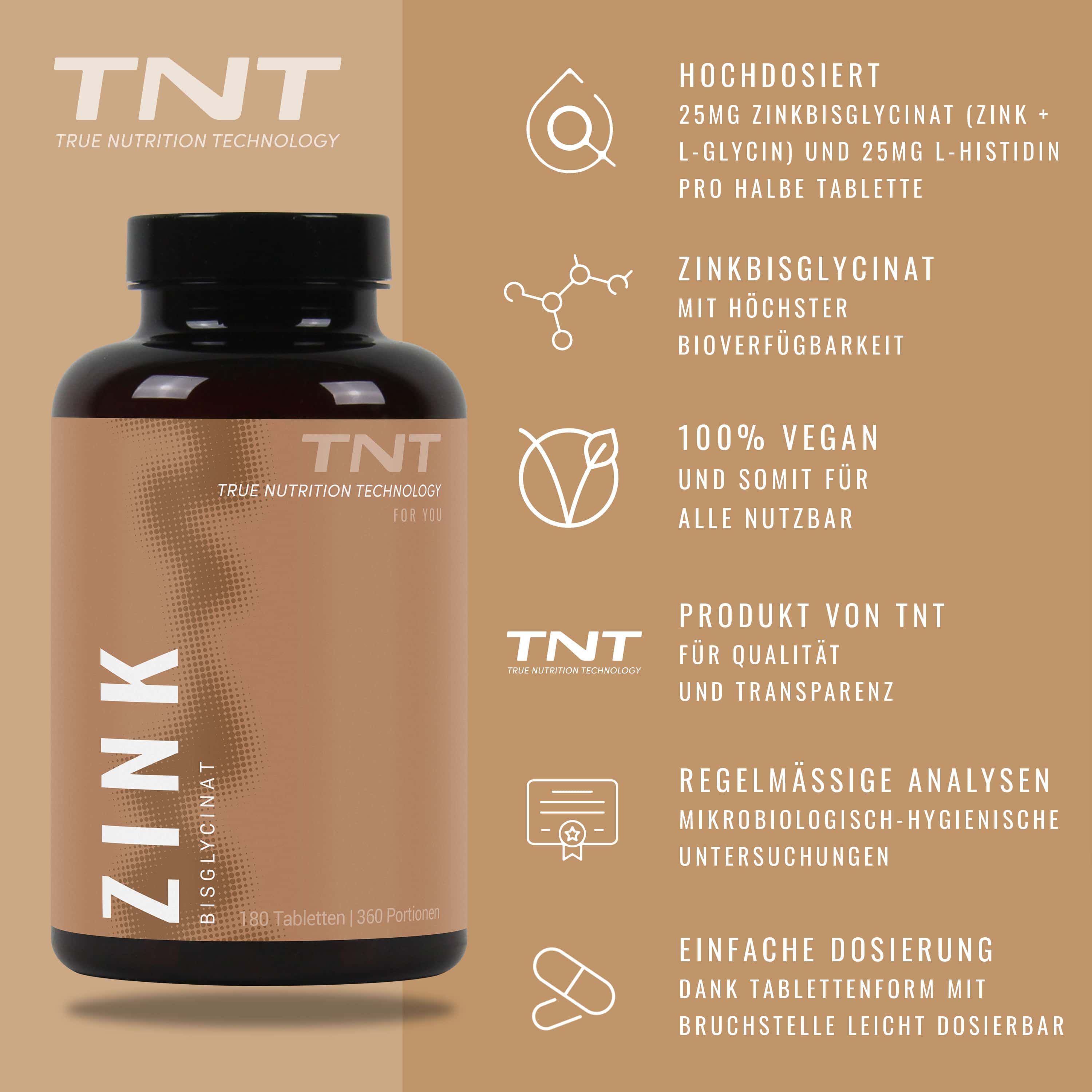 Braune Flasche mit schwarzem Deckel. Aufschrift ZINK und Bisglycinat. Text und Logos.