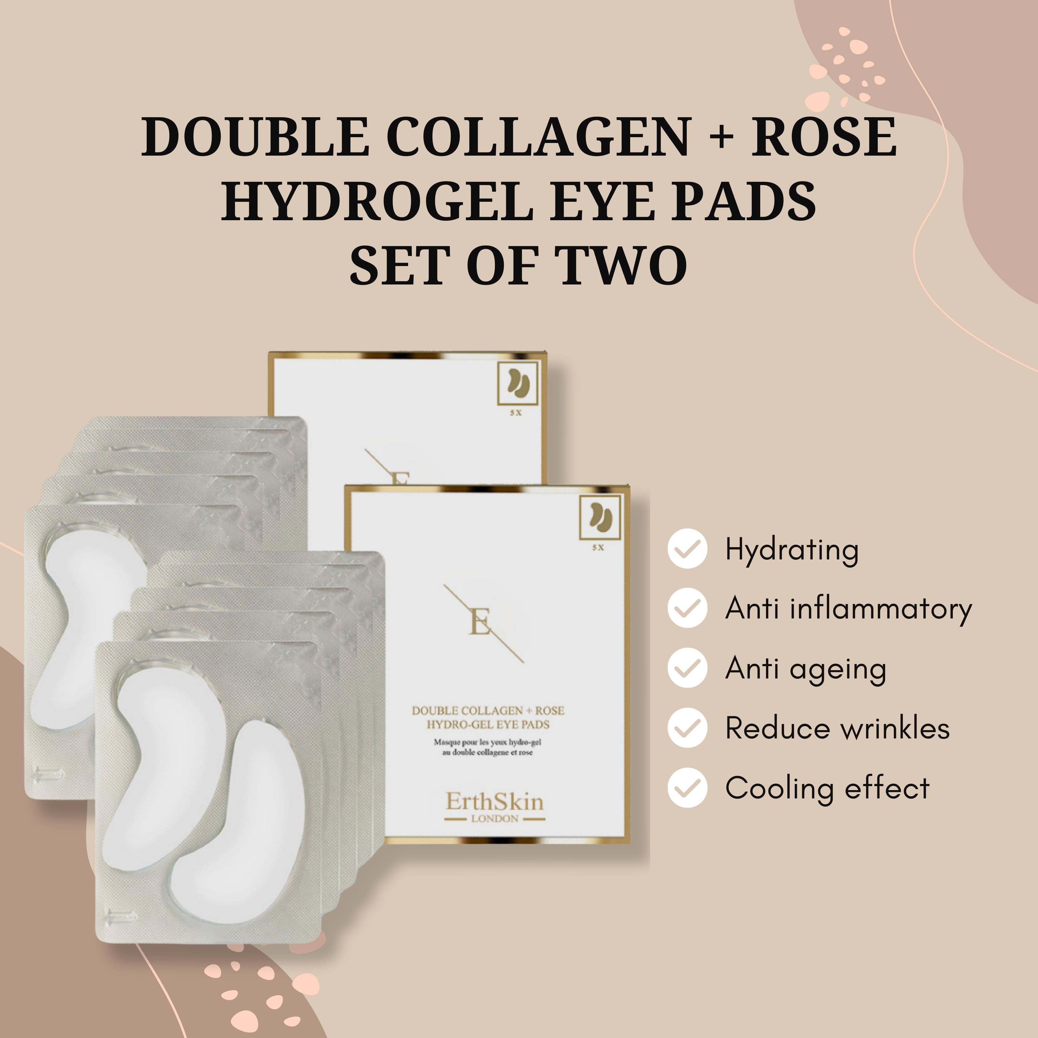 Produkt-Set mit Augenpads. Weiße, halbmondförmige Pads in Blistern. Verpackung mit goldfarbenem Rahmen. Text: Double Collagen + Rose.