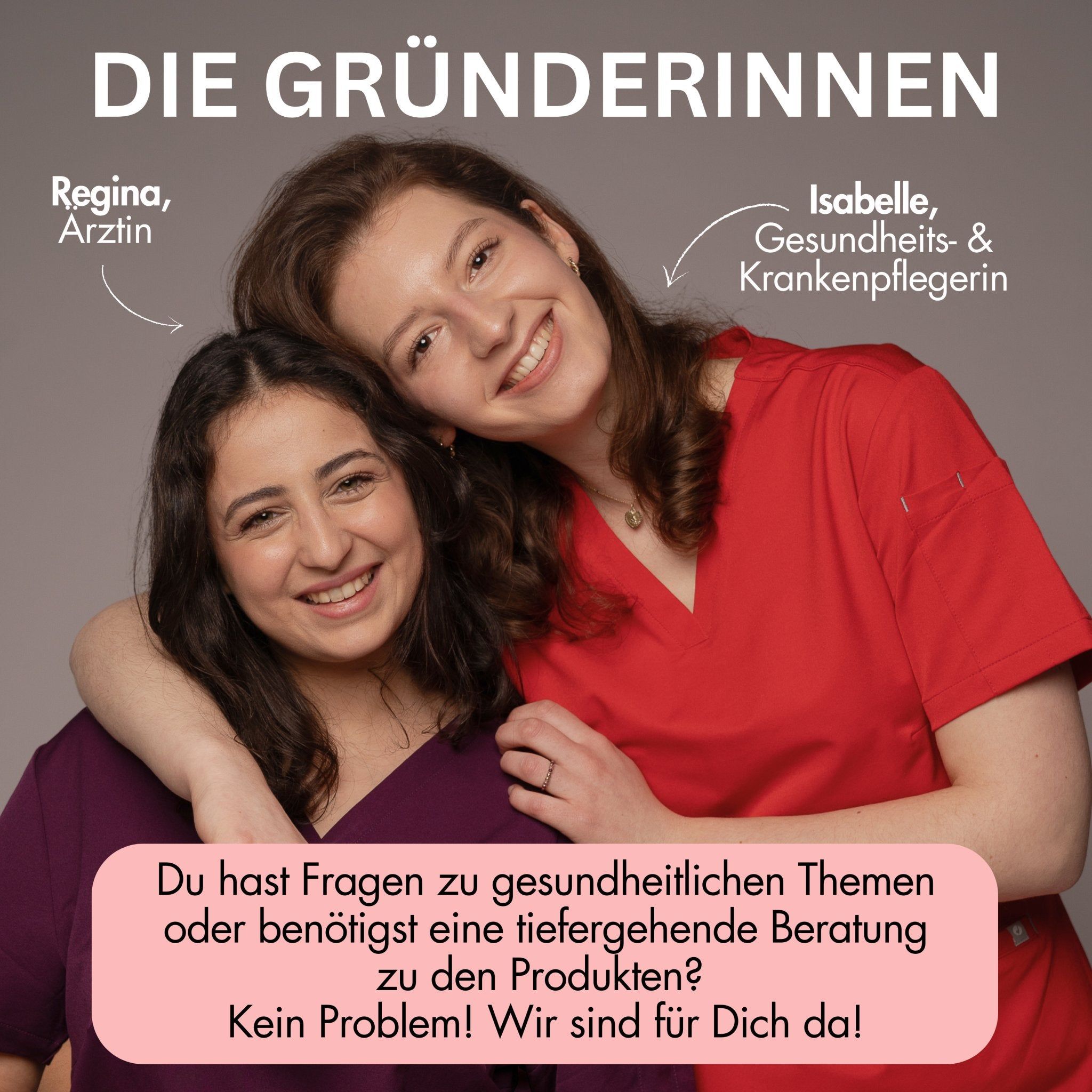 Zwei Frauen. Text: Die Gründerinnen. Fragen zu Gesundheitsthemen? Wir sind für Dich da!