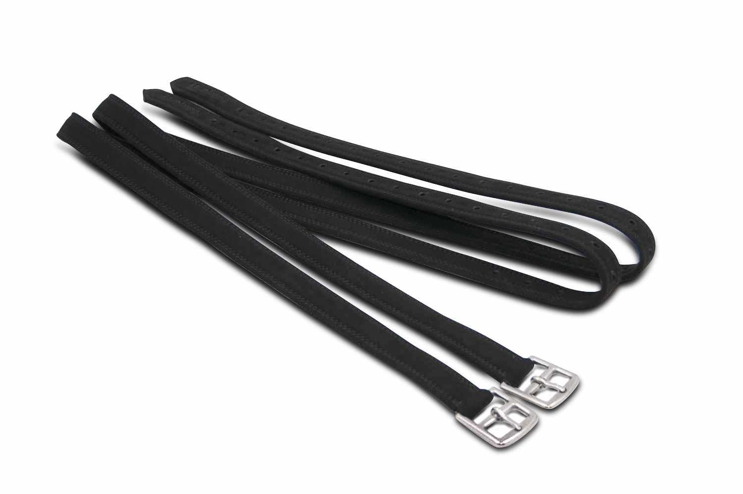 Schwarze Steigbügelriemen mit silbernen Schnallen. Zwei Riemen liegen nebeneinander.