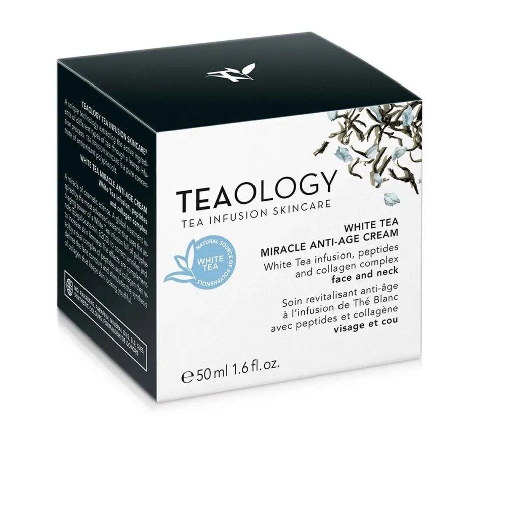 Schachtel mit Creme. Auf der Schachtel steht "Teaology", "White Tea Miracle Anti-Age Cream" und "50 ml".