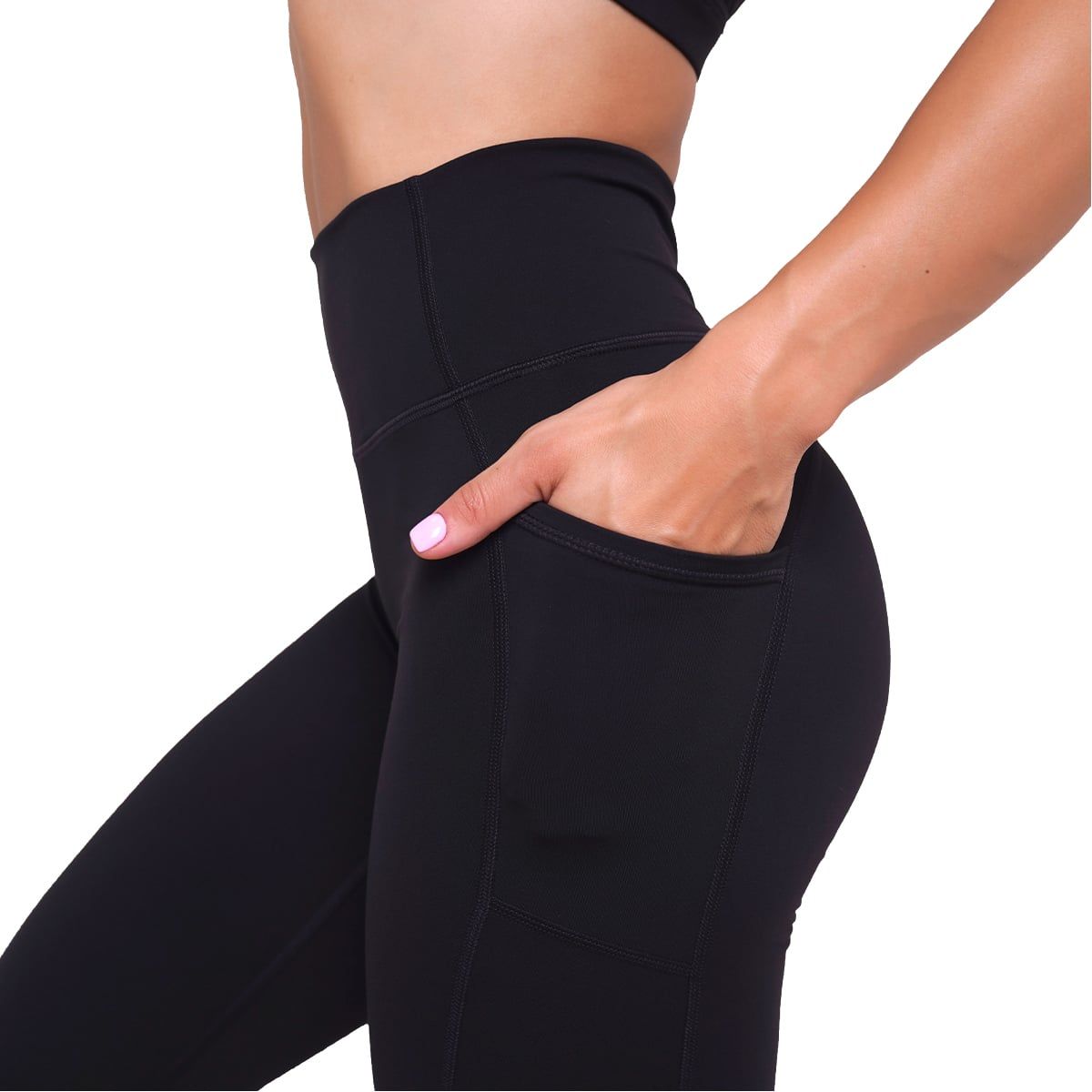 Schwarze Damen-Leggings mit hoher Taille und Seitentaschen.