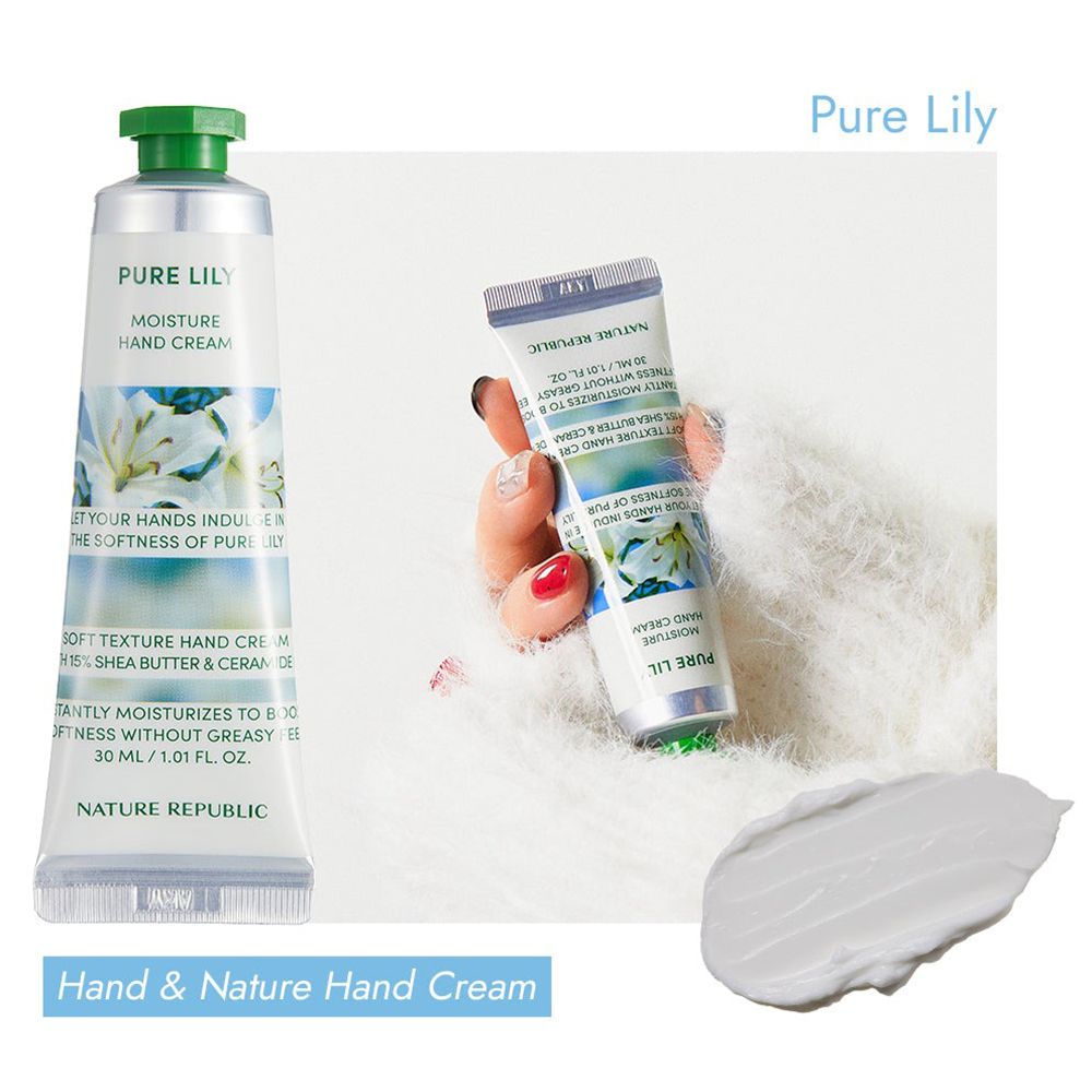 Handcreme-Tube neben Hand mit Creme. Aufschrift: Pure Lily Moisture Hand Cream. 30 ml. Marke: NATURE REPUBLIC. Klecks Creme.
