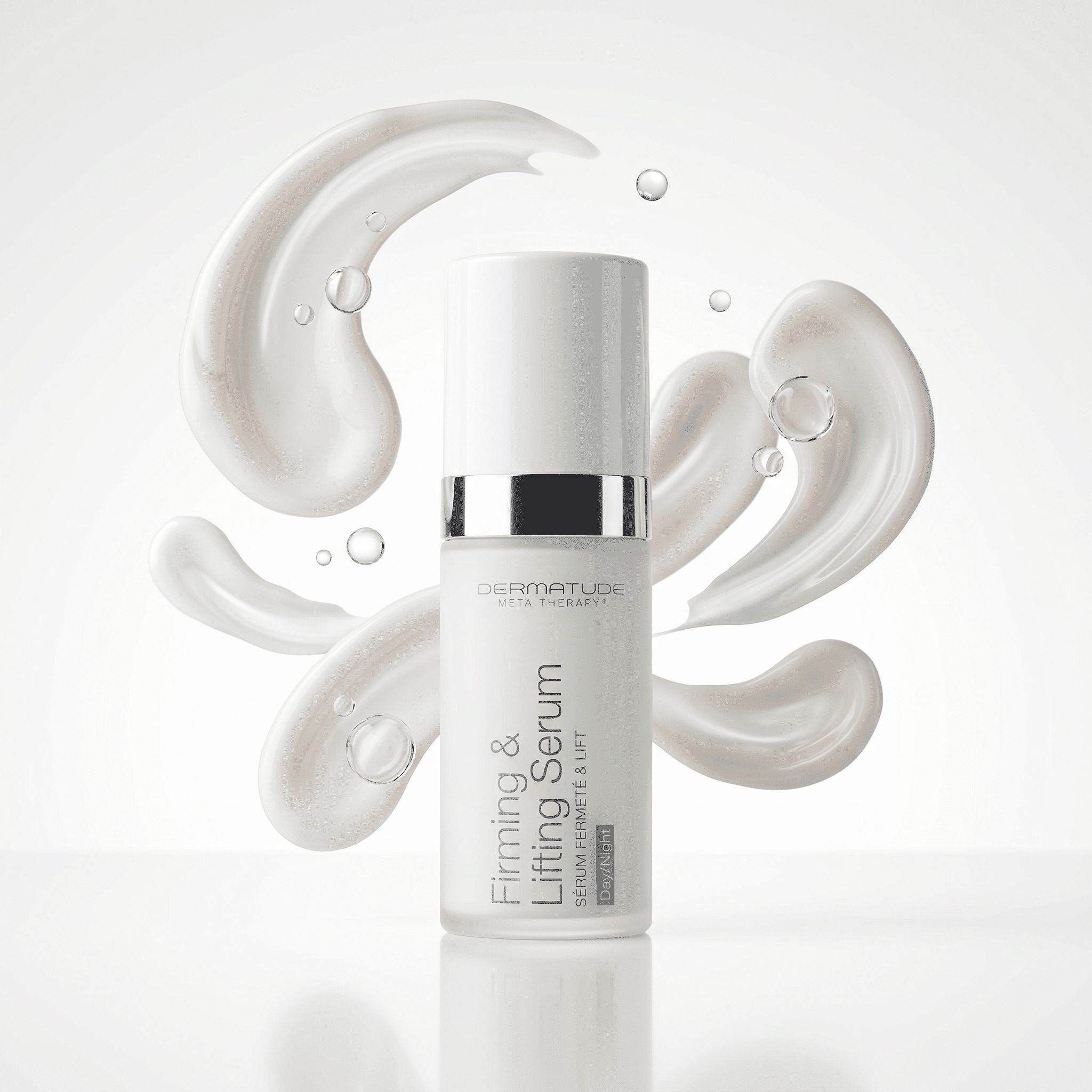 Weiße Flasche mit silbernem Ring, Firming & Lifting Serum beschriftet. Weiße Creme-Swirls und Bläschen umgeben die Flasche.