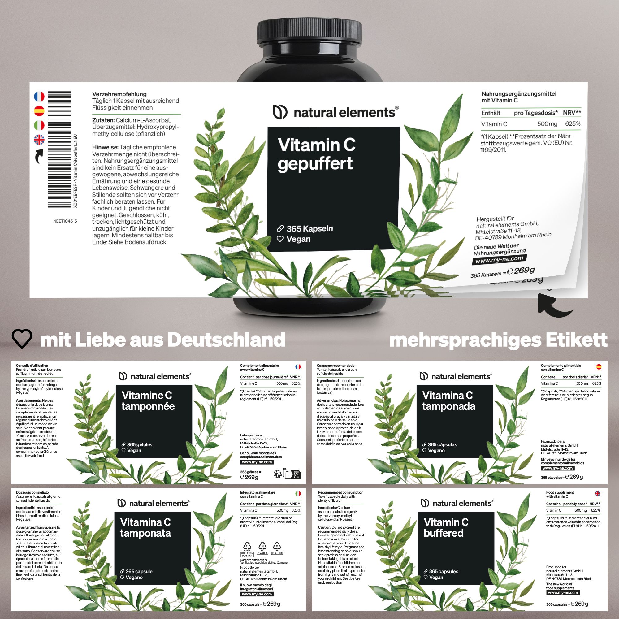 Produktetikett mit mehrsprachigen Texten. Enthält Informationen zu Vitamin C gepuffert, 365 Kapseln, Vegan. Marke: natural elements.