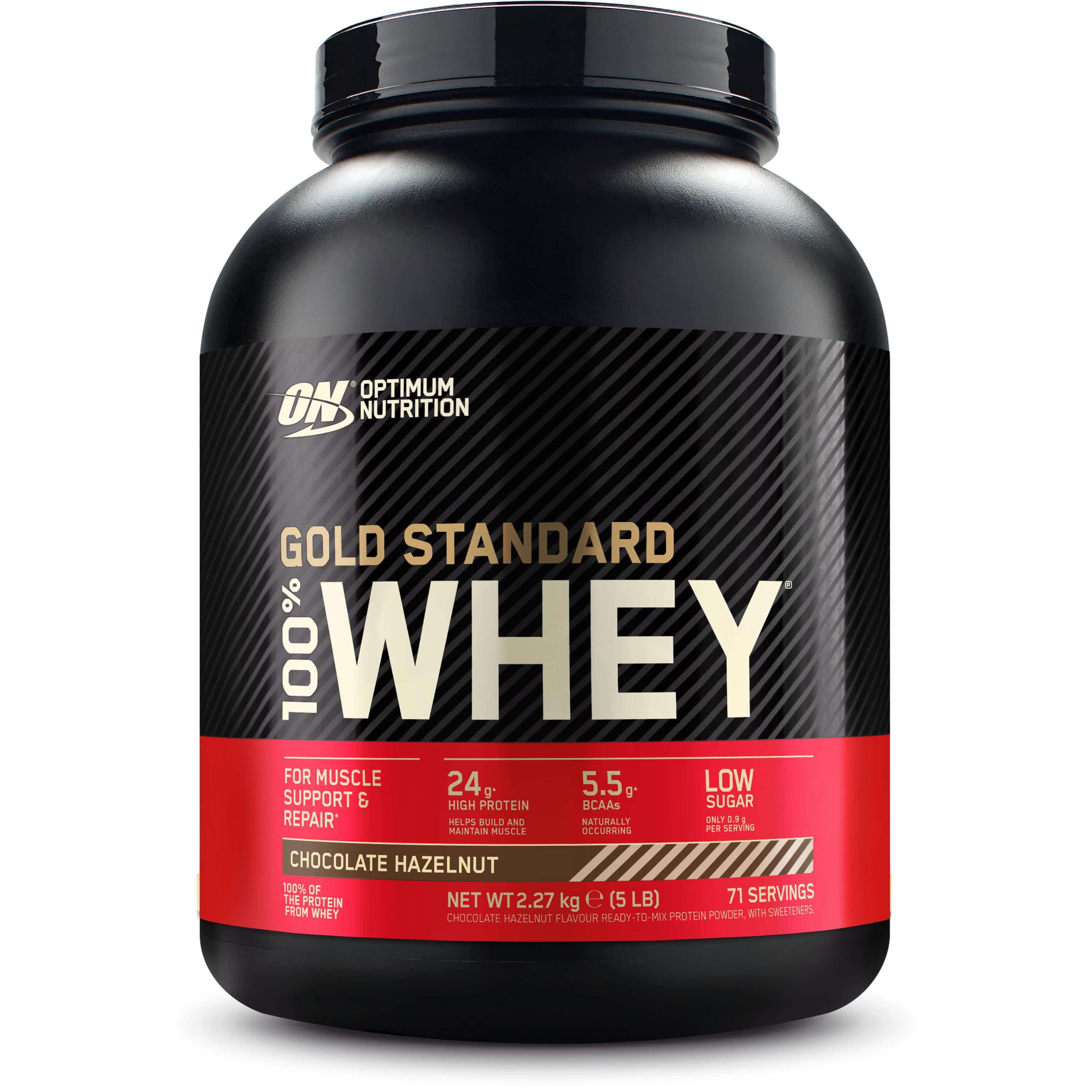 Schwarze Dose mit rotem Etikett. Aufschrift: Gold Standard 100% Whey, Schoko-Haselnuss. 71 Portionen.