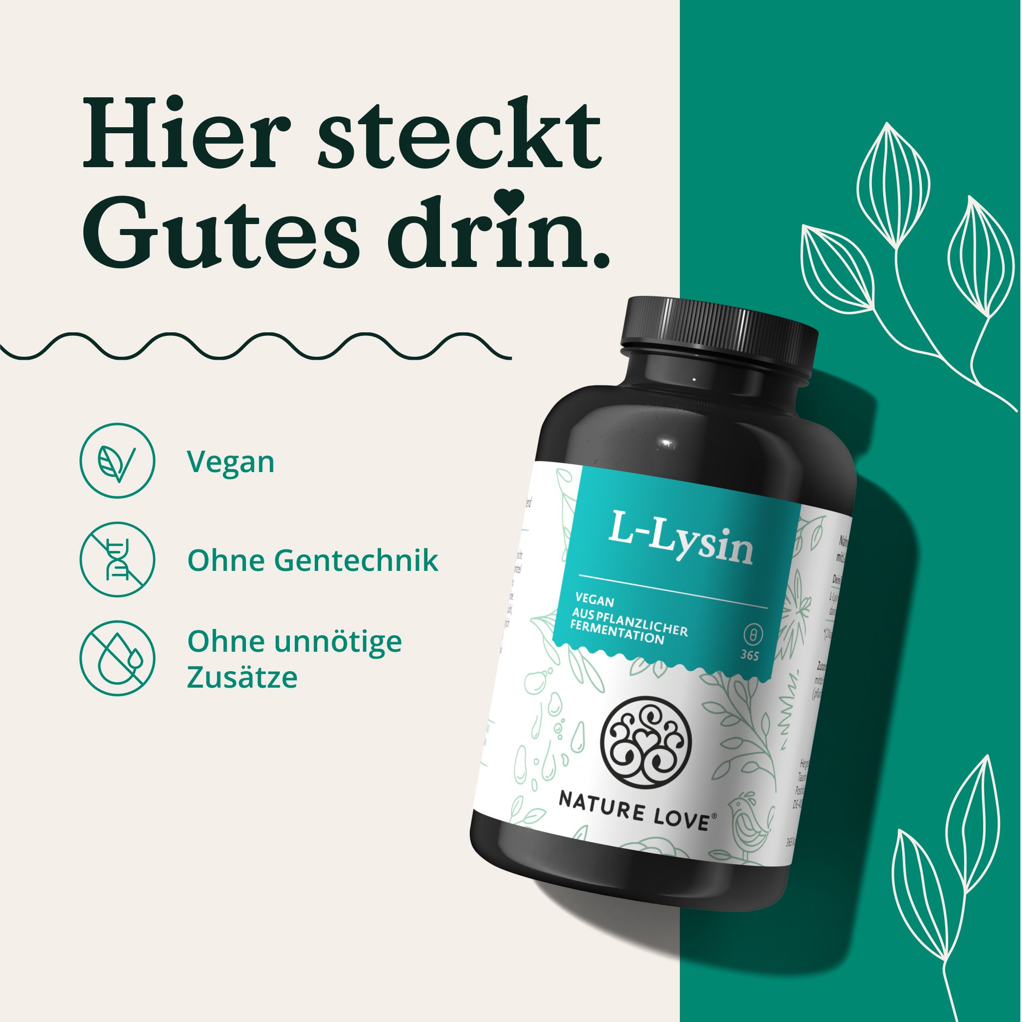 Schwarze Flasche mit blau-weißem Etikett. Aufschrift: L-Lysin, Vegan, ohne Gentechnik, ohne Zusätze. Marke: NATURE LOVE®.