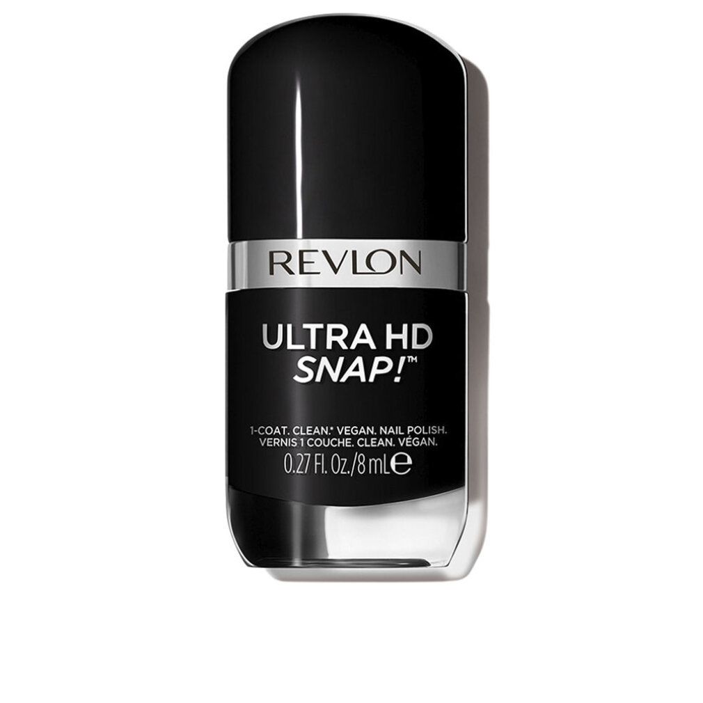 Nagellackflasche, schwarz-silber. Text: Revlon, Ultra HD Snap!, 0.27 fl. oz./8 ml. Vegan. 1-Coat. Clean.
