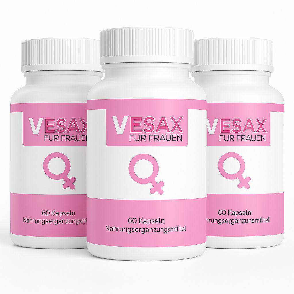 Vesax für Frauen Kapseln: Drei Flaschen nebeneinander, jeweils mit rosa und weißem Etikett.