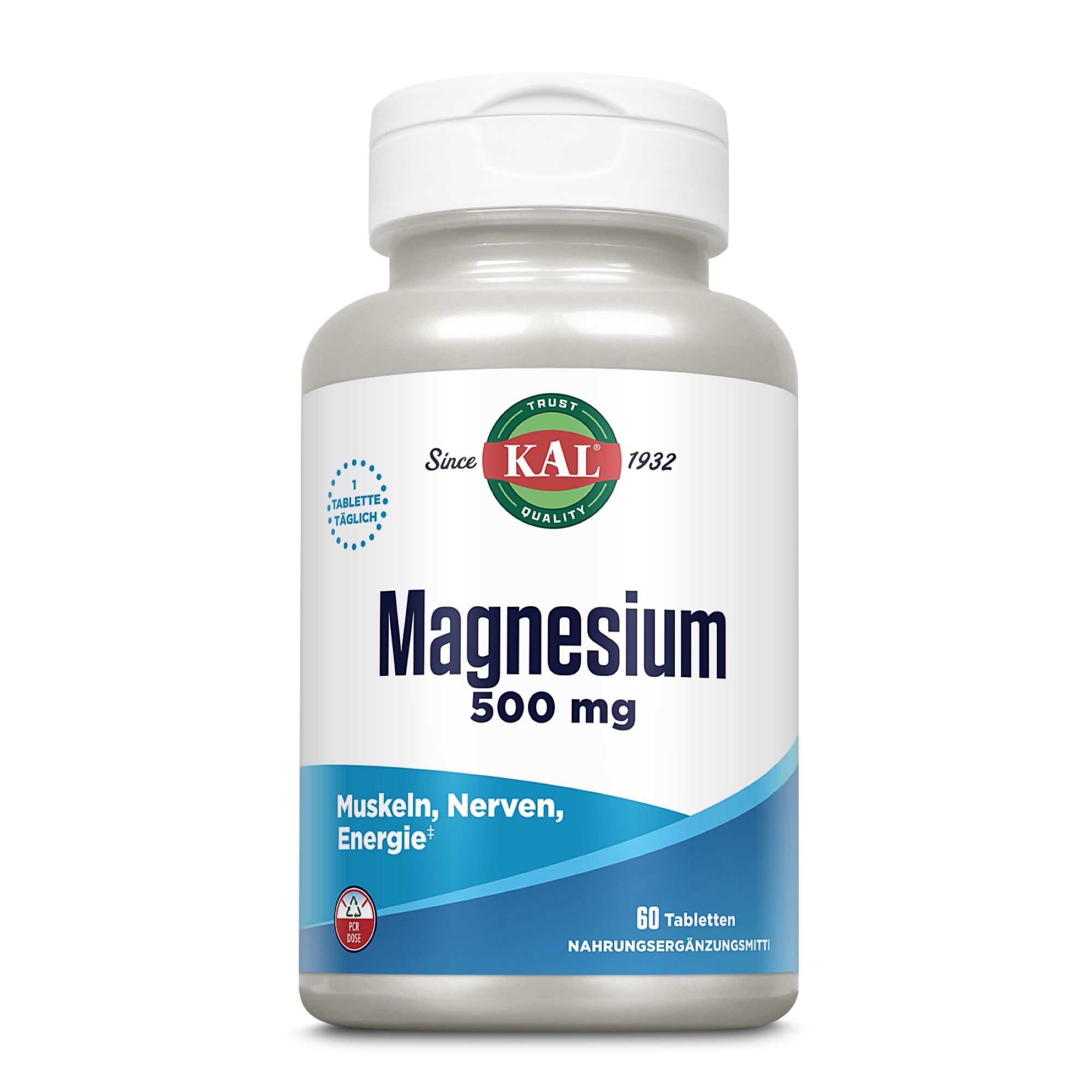 Eine Flasche mit Tabletten. Aufschrift: Magnesium 500 mg. Text: Muskeln, Nerven, Energie. 60 Tabletten. Nahrungsergänzungsmittel.