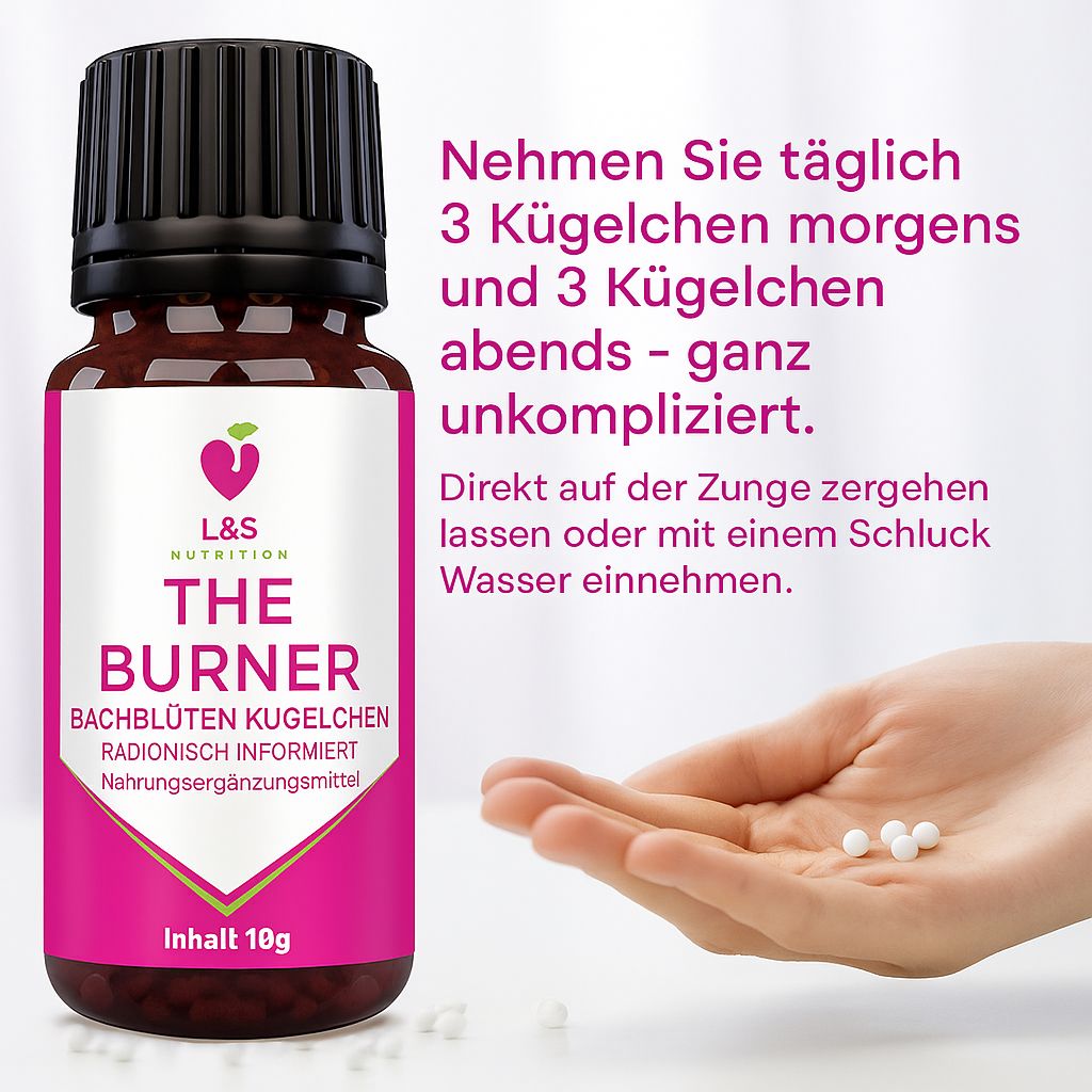 Braune Glasflasche mit schwarzem Deckel. Hand mit Kügelchen. Text: L&S Nutrition, THE BURNER, Bachblüten Kügelchen. Anweisungen.