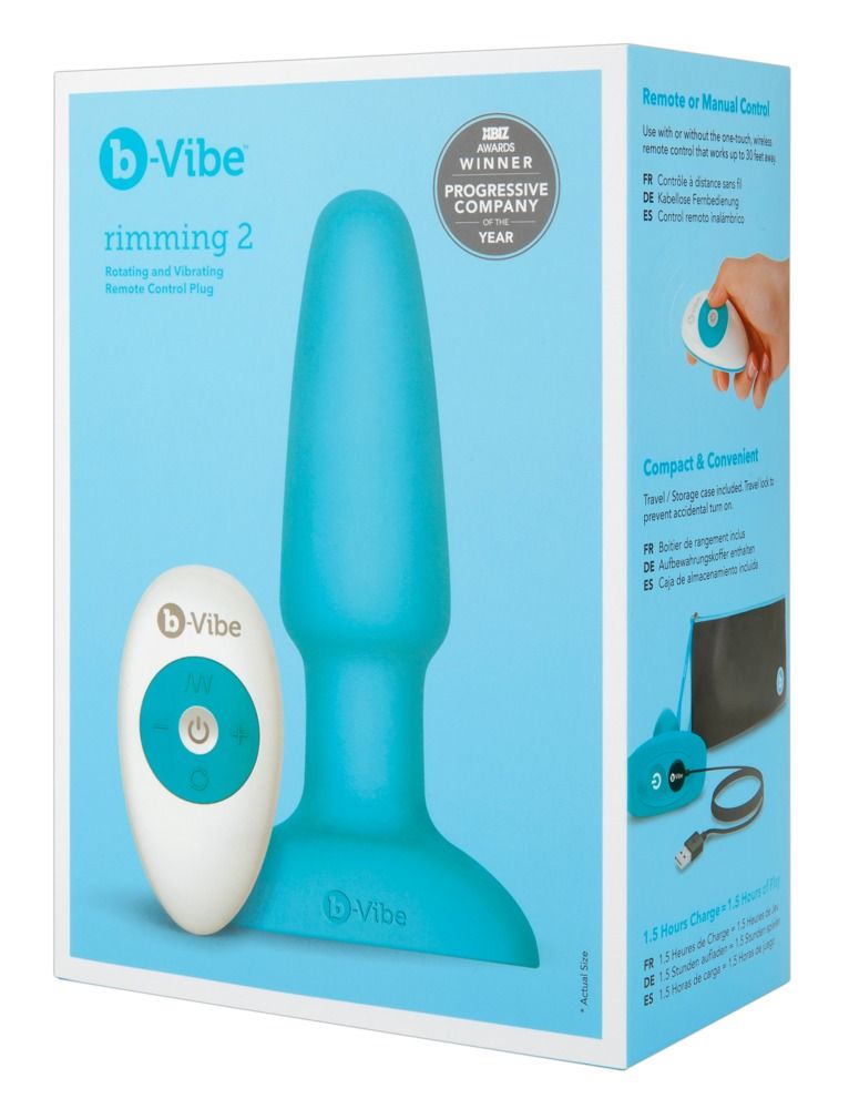 Türkisfarbener Analvibrator mit Fernbedienung und Verpackung. Aufdruck: B-vibe, rimming 2.