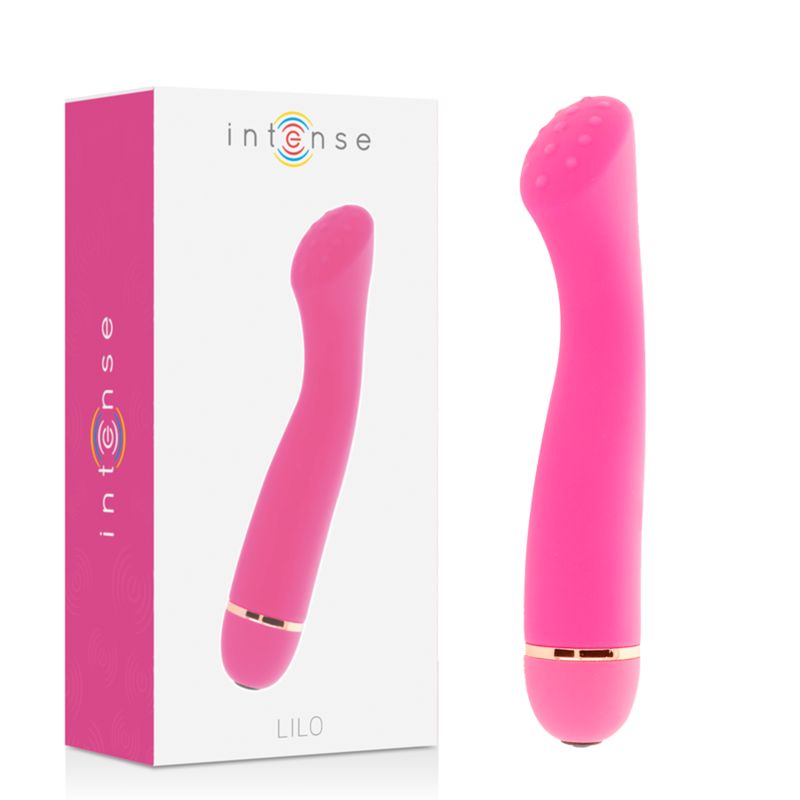 Pinkfarbener Vibrator mit gebogener Form. Die Spitze ist mit kleinen Erhebungen versehen. Goldfarbener Ring am unteren Ende.