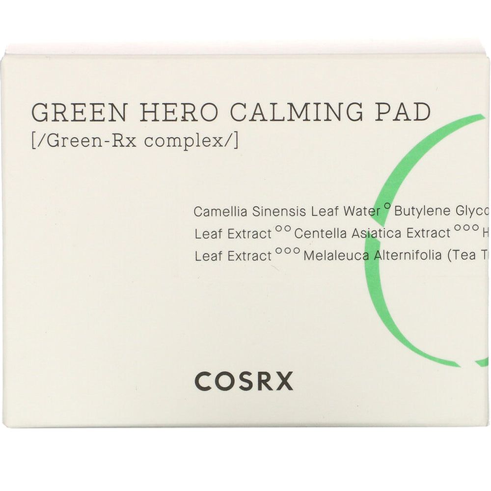 COSRX Green Hero Calming Pad: Weiße Verpackung mit grünen Akzenten und Produktinformationen.