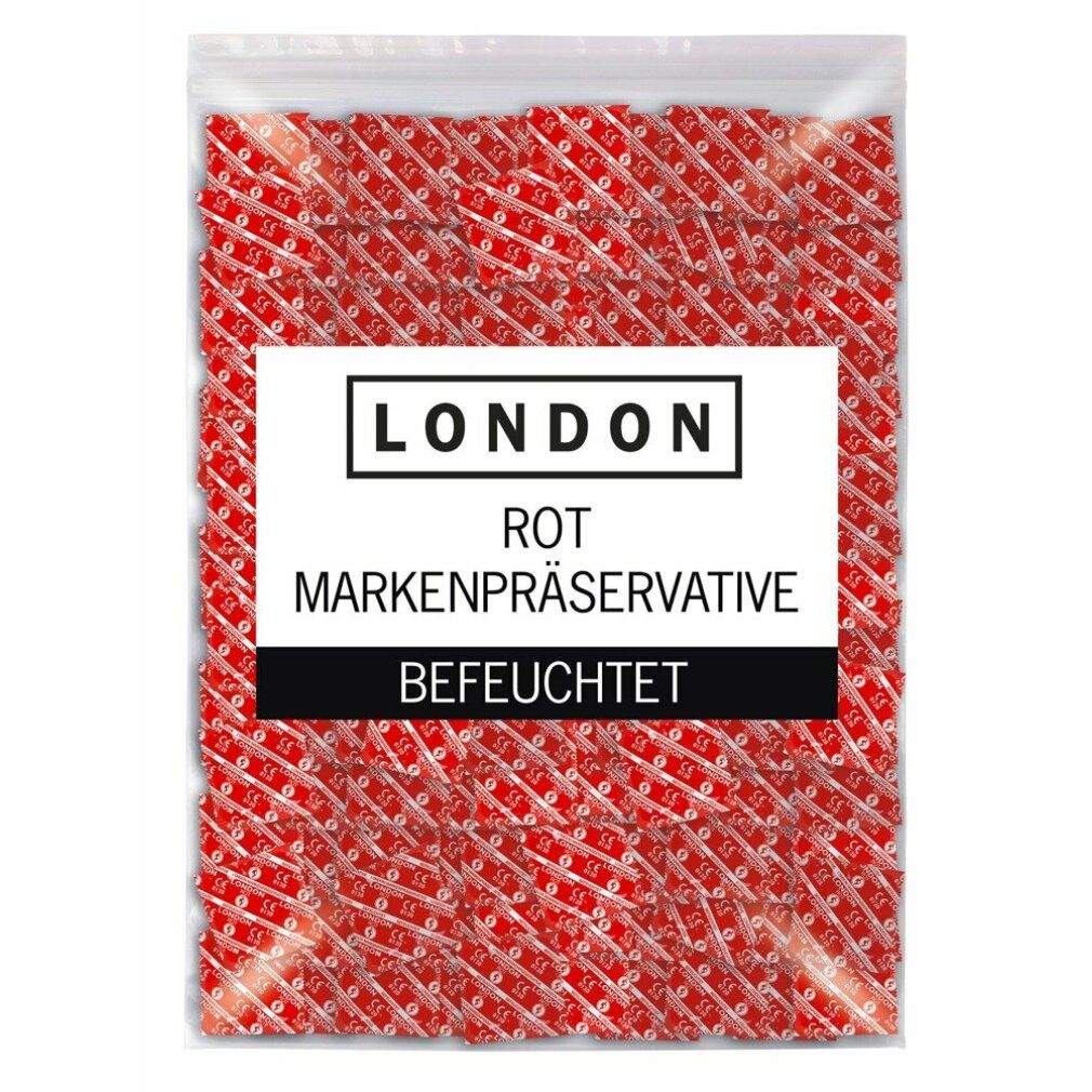 Beutel mit roten Kondomen. Aufschrift: LONDON, ROT, MARKENPRÄSERVATIVE, BEFEUCHTET.