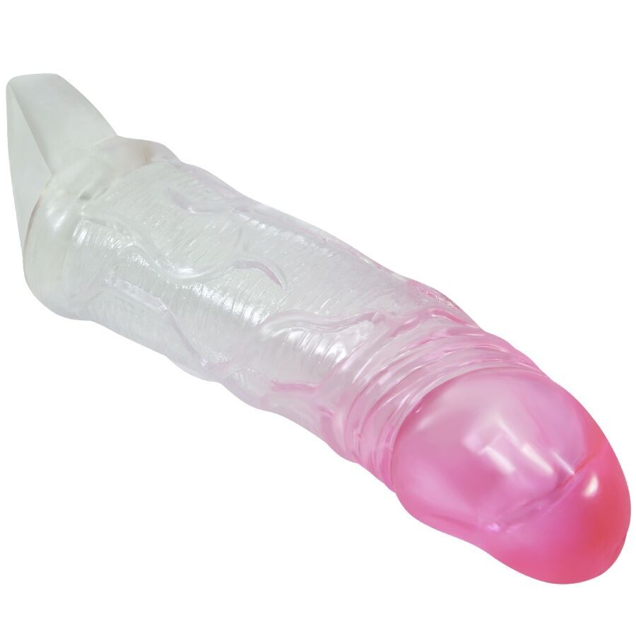 Transparente Penishülle mit rosa Spitze. Strukturierte Oberfläche. Schräge Ansicht.