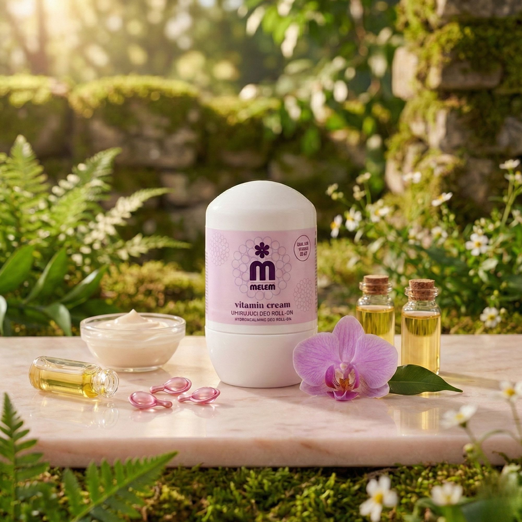 Weißer Roll-On mit lila Etikett, Text: Vitamin Cream. Auf Marmorplatte im Freien. Begleitet von Orchidee, Ölen, Creme und Kapseln.
