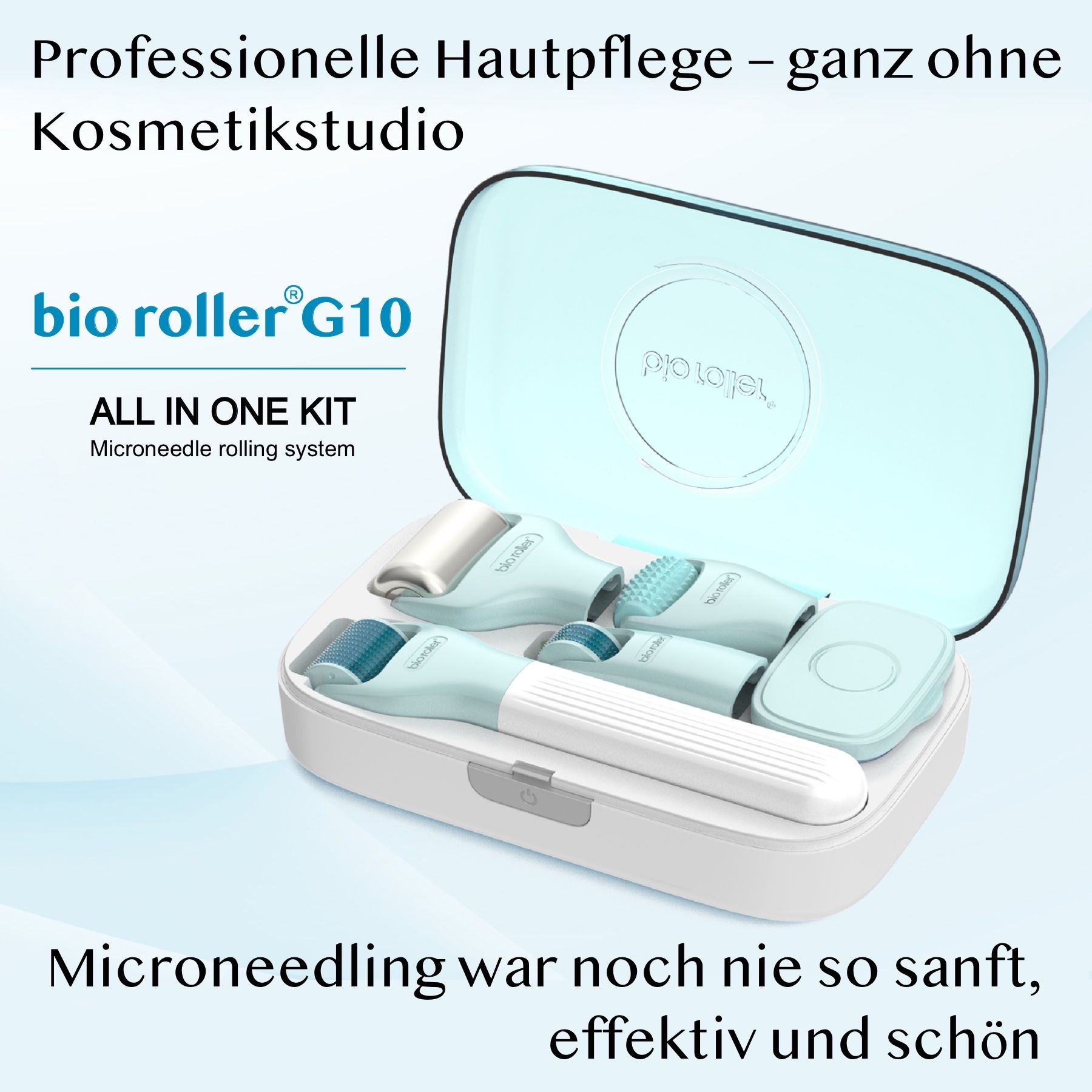 Text mit 'bio roller G10' und 'ALL IN ONE KIT'. Enthält Dermaroller und Zubehör in einem hellblauen Etui. Hintergrund mit Text.