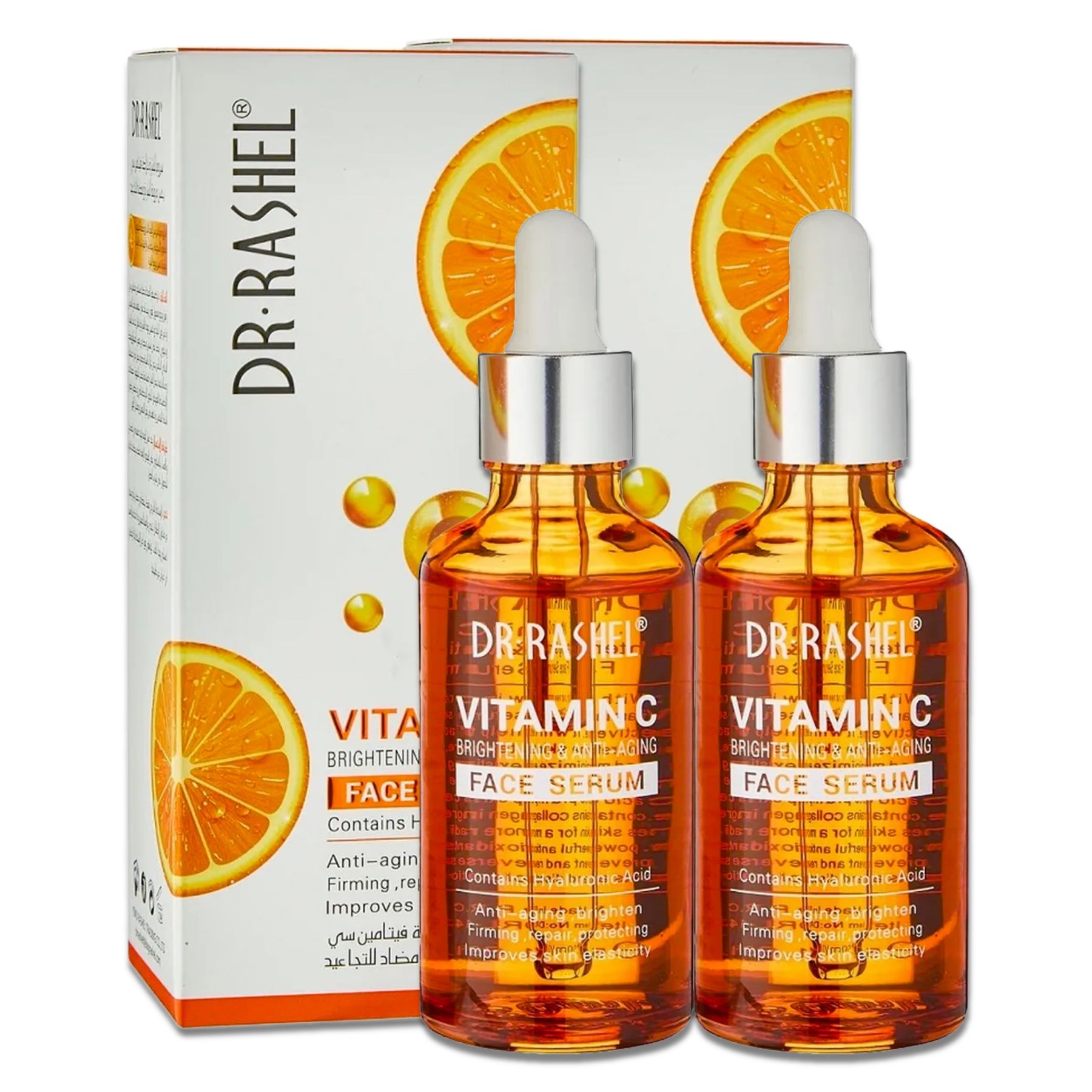 Zwei Flaschen DR. RASHEL Vitamin C Serum mit Verpackung. Orangefarbene Flüssigkeit in Glasflaschen mit Pipetten. Verpackung mit Orangen-Motiv.