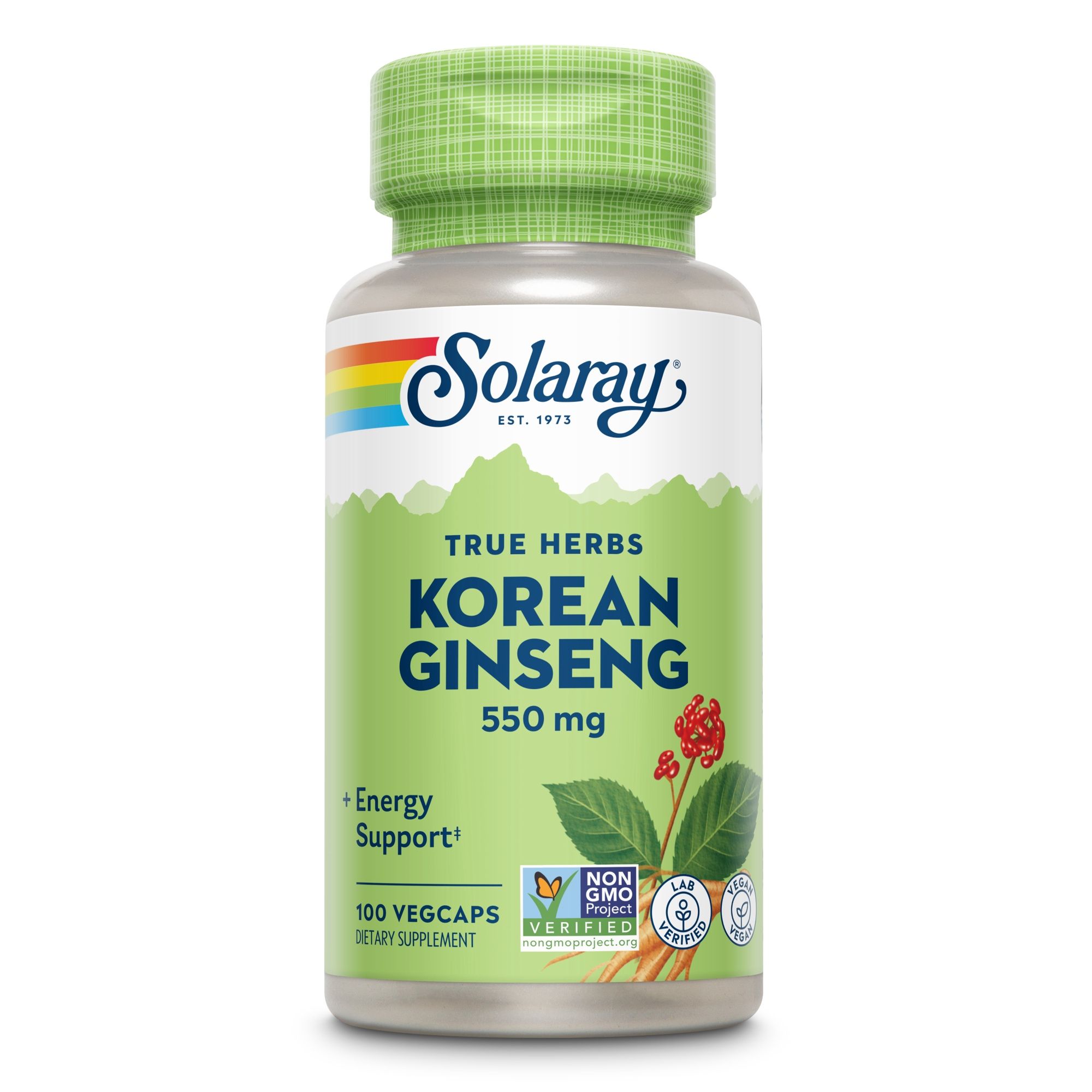 Solaray Korean Ginseng 550 mg Flasche. Grüne Kappe, weißes Etikett. Aufschrift: True Herbs, Korean Ginseng, 100 Vegcaps.