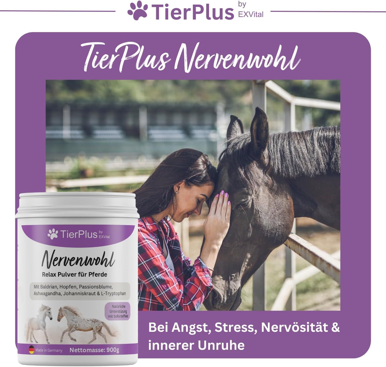 Weißes Pulver-Behälter mit lila Deckel. Aufschrift: TierPlus Nervenwohl Relax Pulver für Pferde. Frau und Pferd.