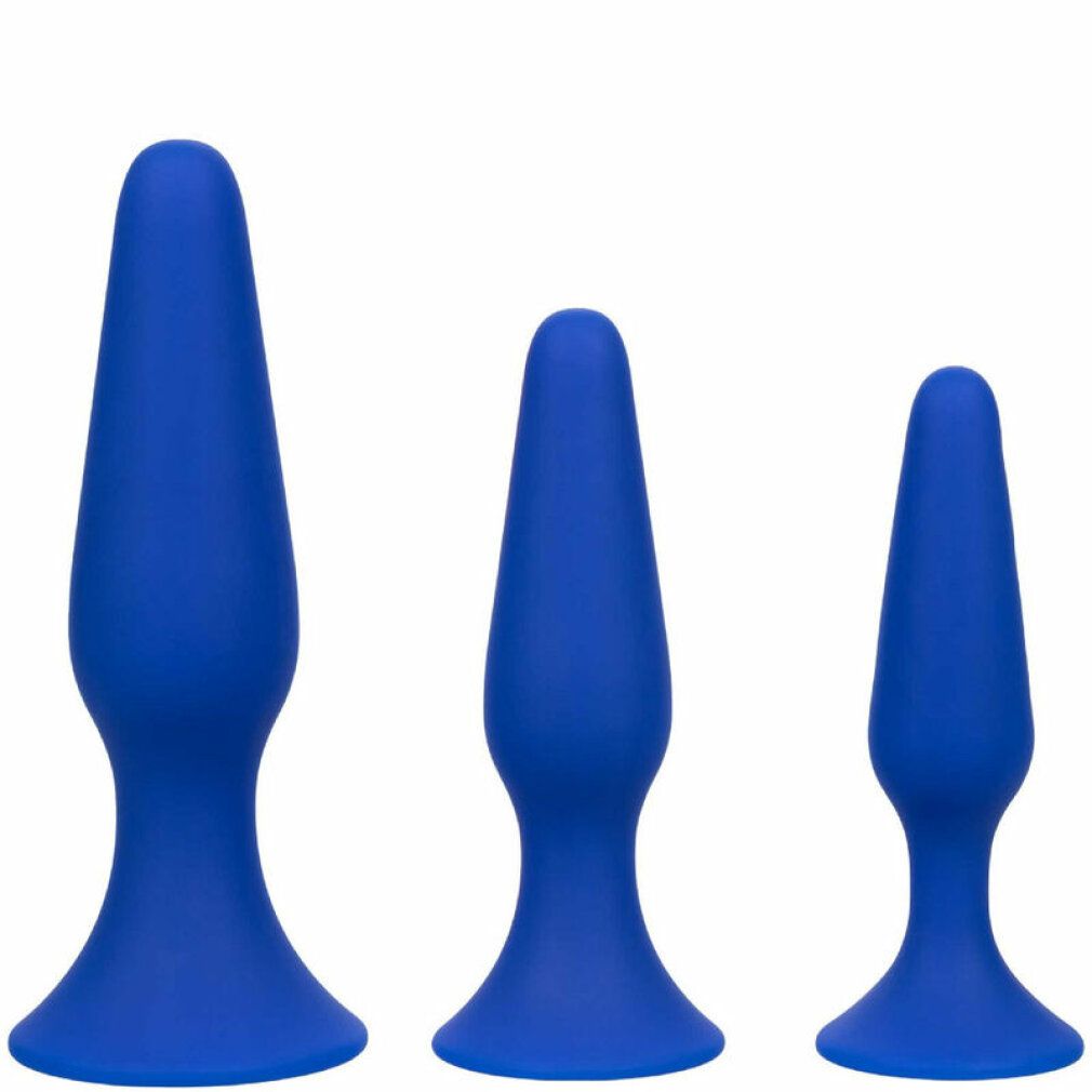 Drei blaue Anal Plugs in verschiedenen Größen. Konische Form, breite Basis.