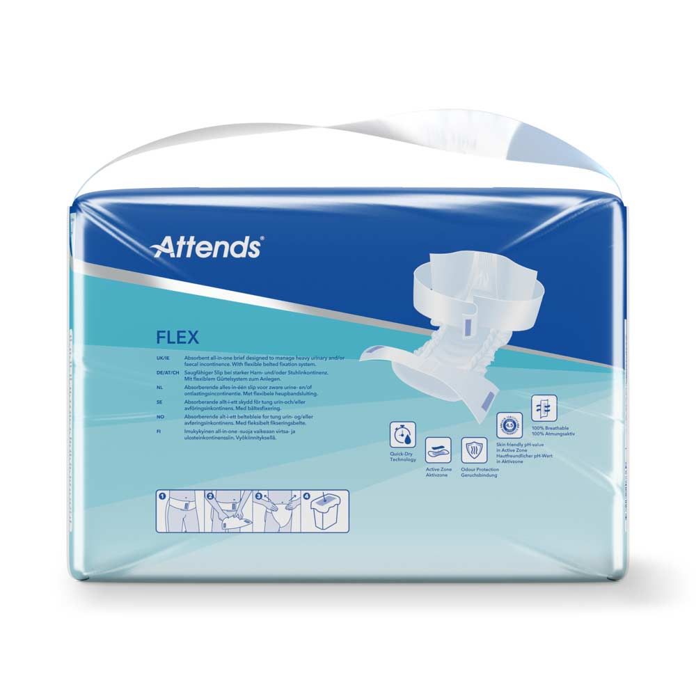 Attends Flex 10 L. Verpackung mit Inkontinenzprodukten. Blaue und weiße Verpackung mit Produktabbildung und Logo. Produktinformationen.