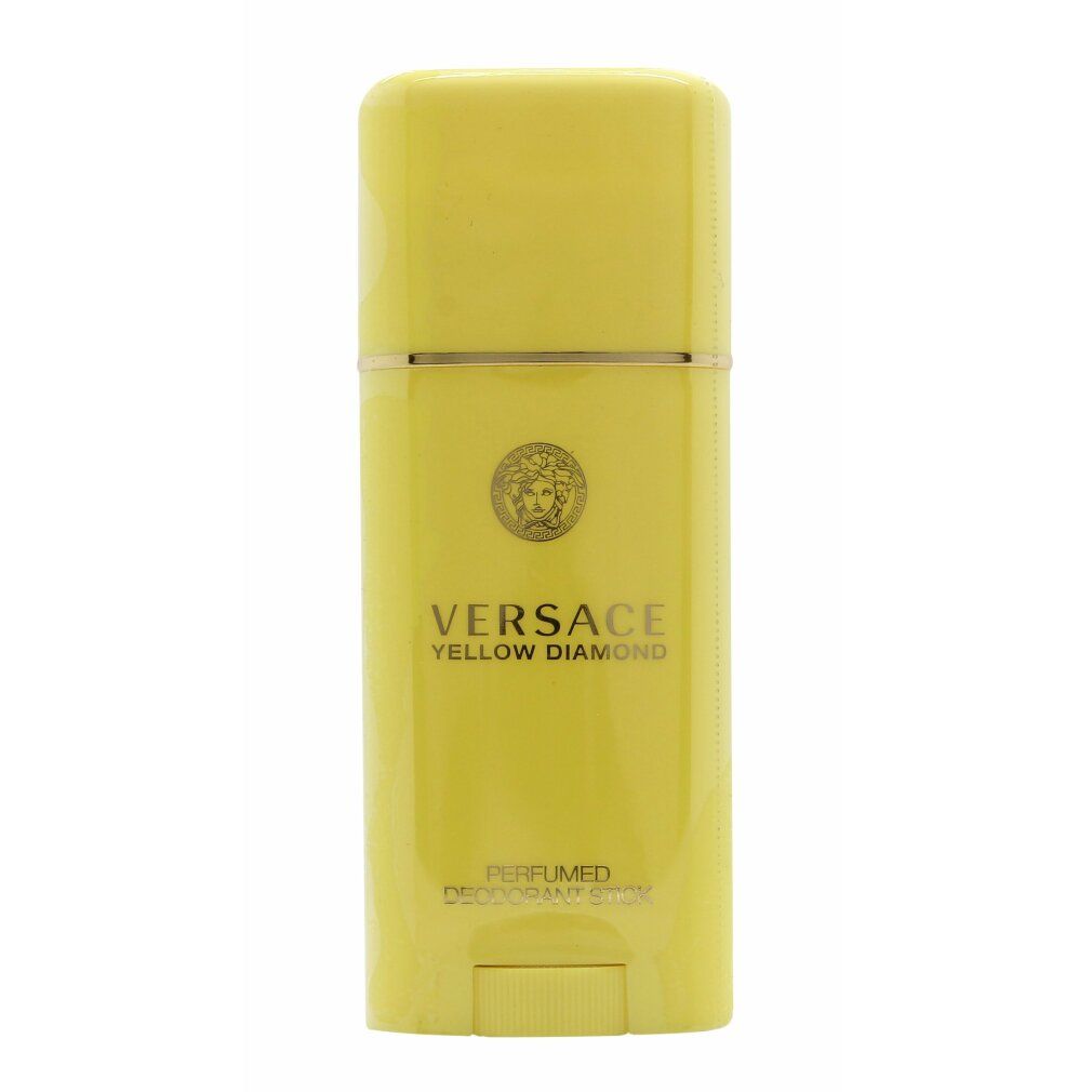 Gelber Deodorant-Stick. Aufschrift: VERSACE YELLOW DIAMOND. Goldfarbene Details. Unterseite mit Drehmechanismus.