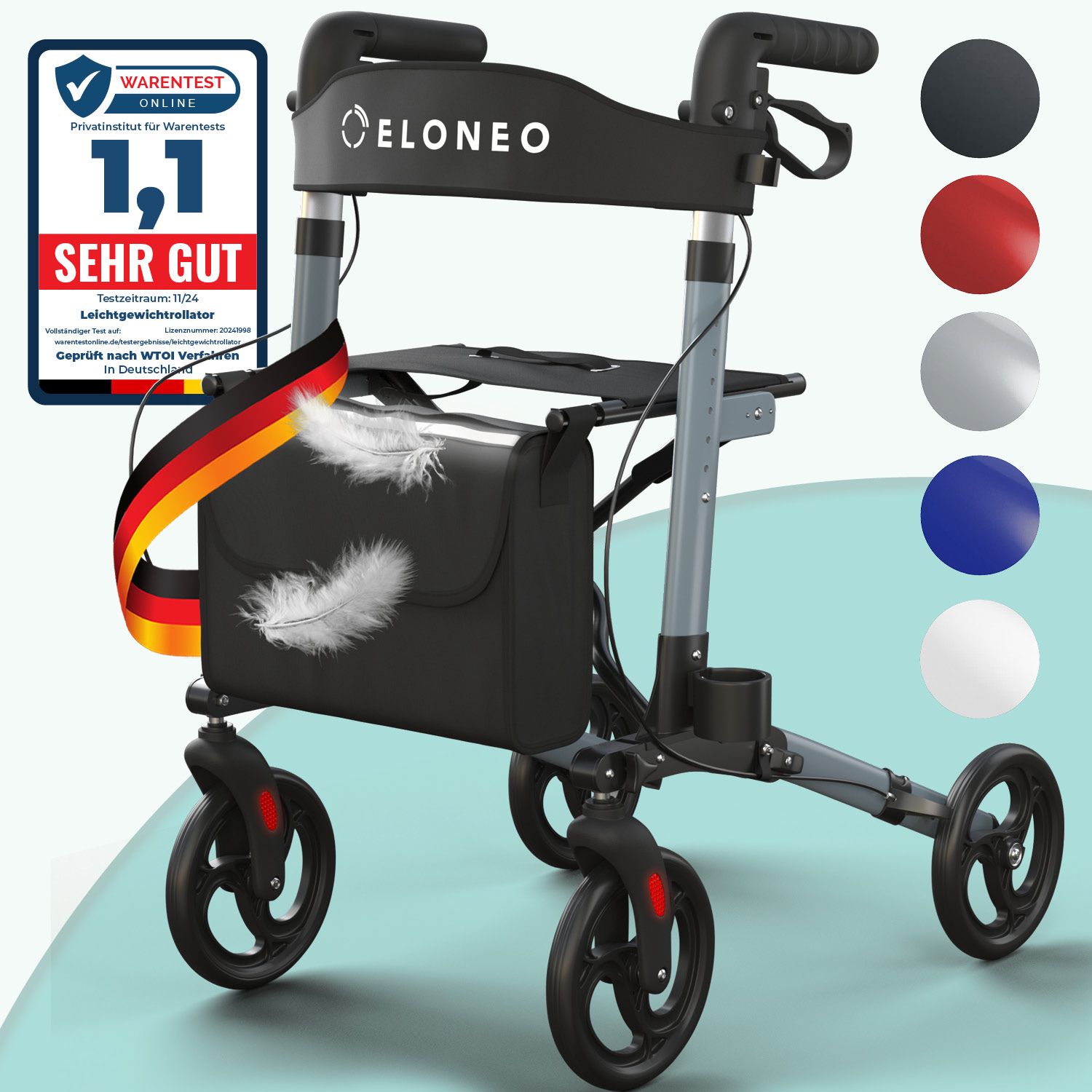 ELONEO Rollator. Schwarz, grau, mit Tasche. Farbauswahl: Schwarz, Rot, Silber, Blau, Weiß. Auszeichnung "SEHR GUT".