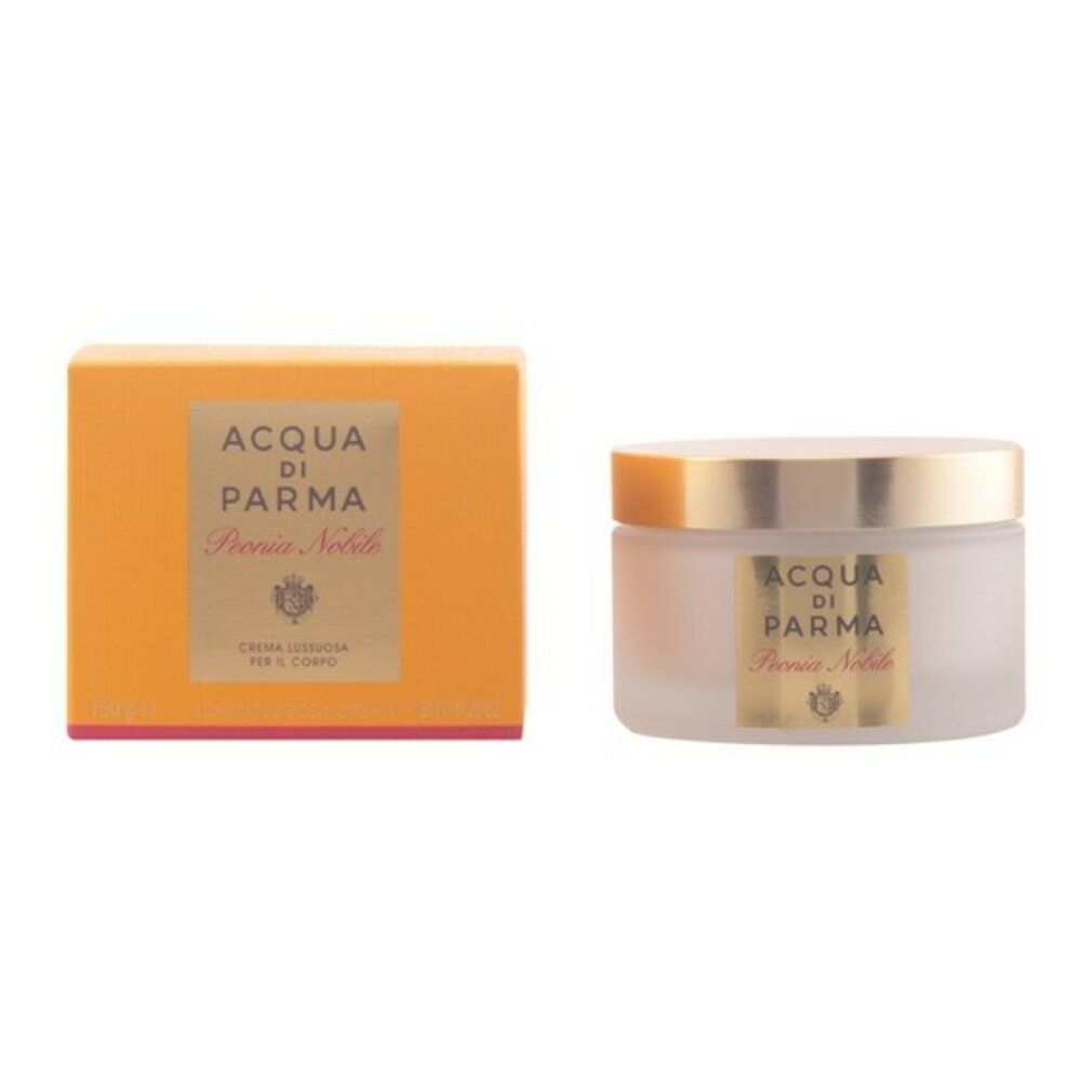 Creme-Tiegel und Schachtel. Aufschrift: Acqua di Parma Peonia Nobile. Goldener Deckel, gelbe Schachtel.