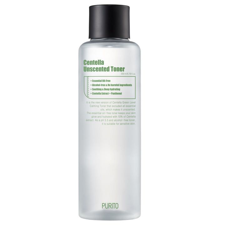 Klarflüssiger Toner in einer transparenten Flasche mit schwarzem Deckel. Aufschrift: Centella Unscented Toner.