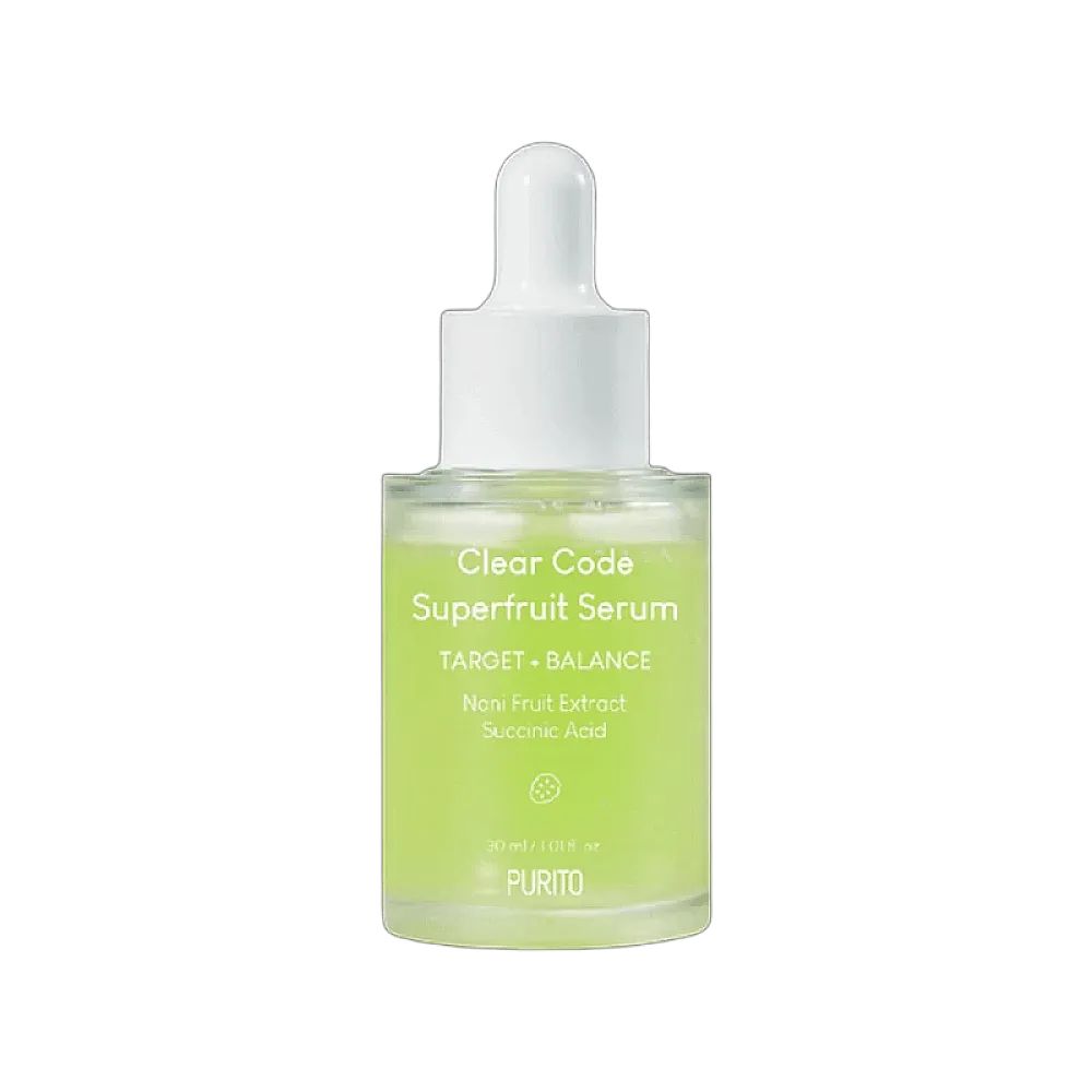 Serumflasche mit Pipette, grüne Flüssigkeit. Aufschrift: Clear Code Superfruit Serum. Marke PURITO.